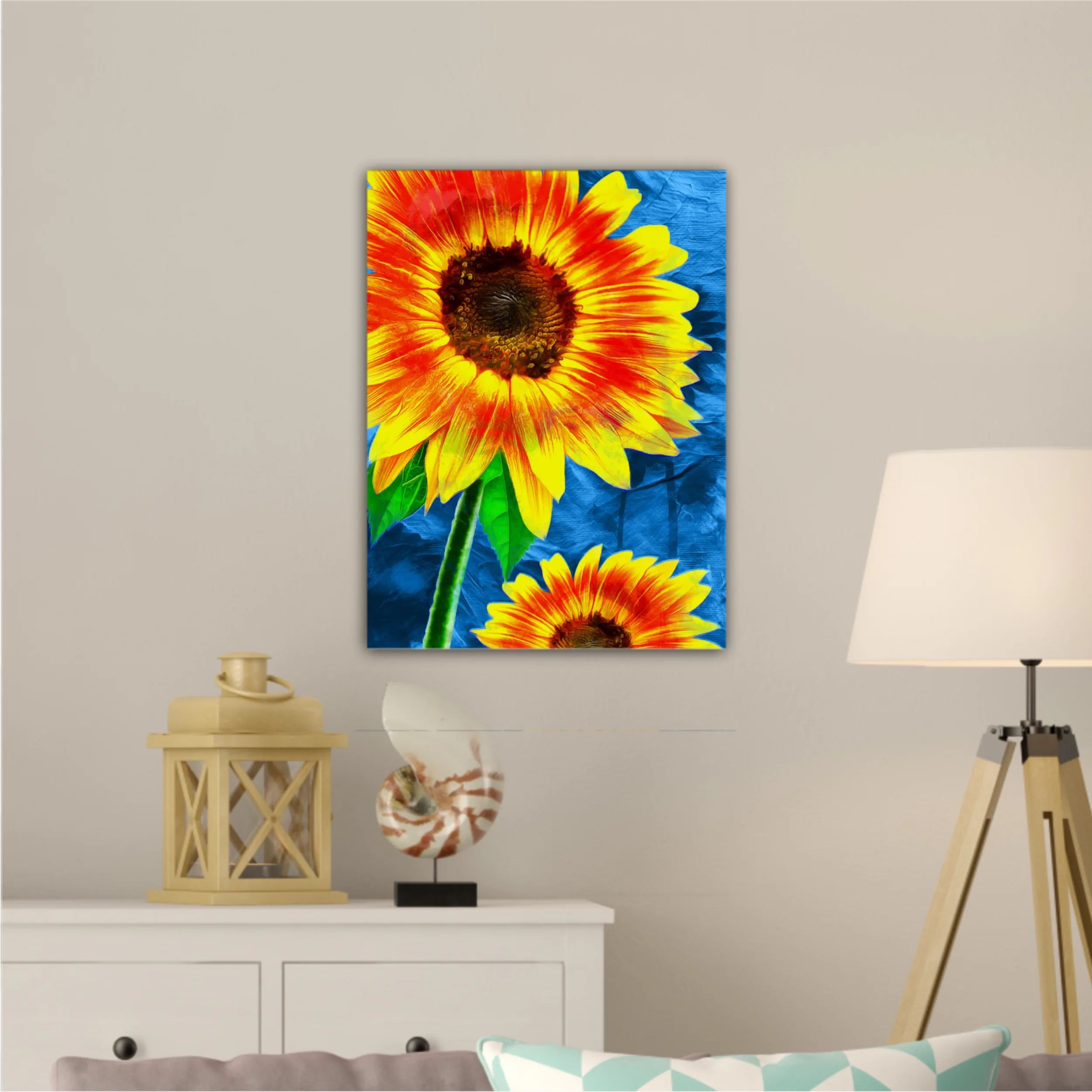 Yellow sunflowers on blue abstract background N1