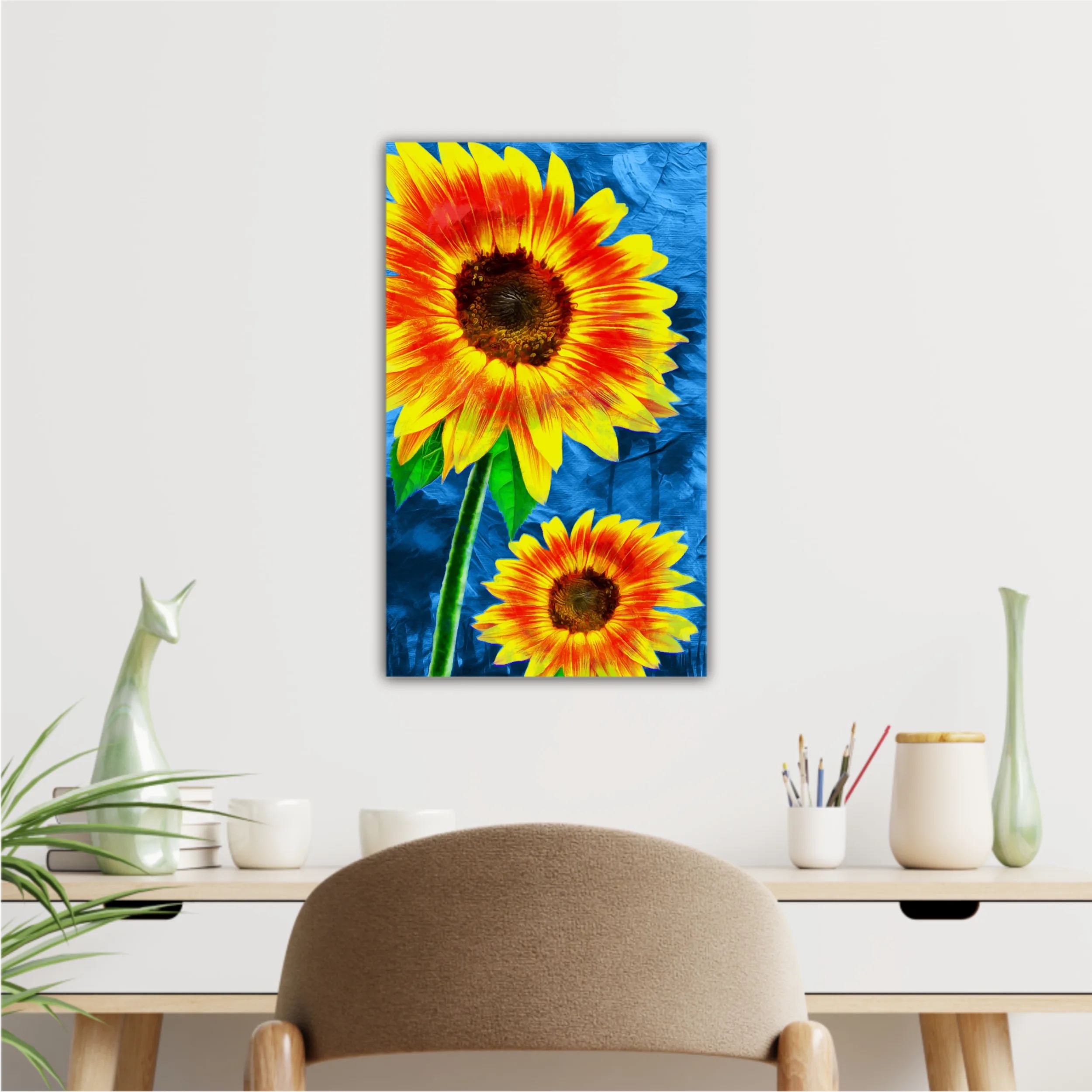 Yellow sunflowers on blue abstract background N1