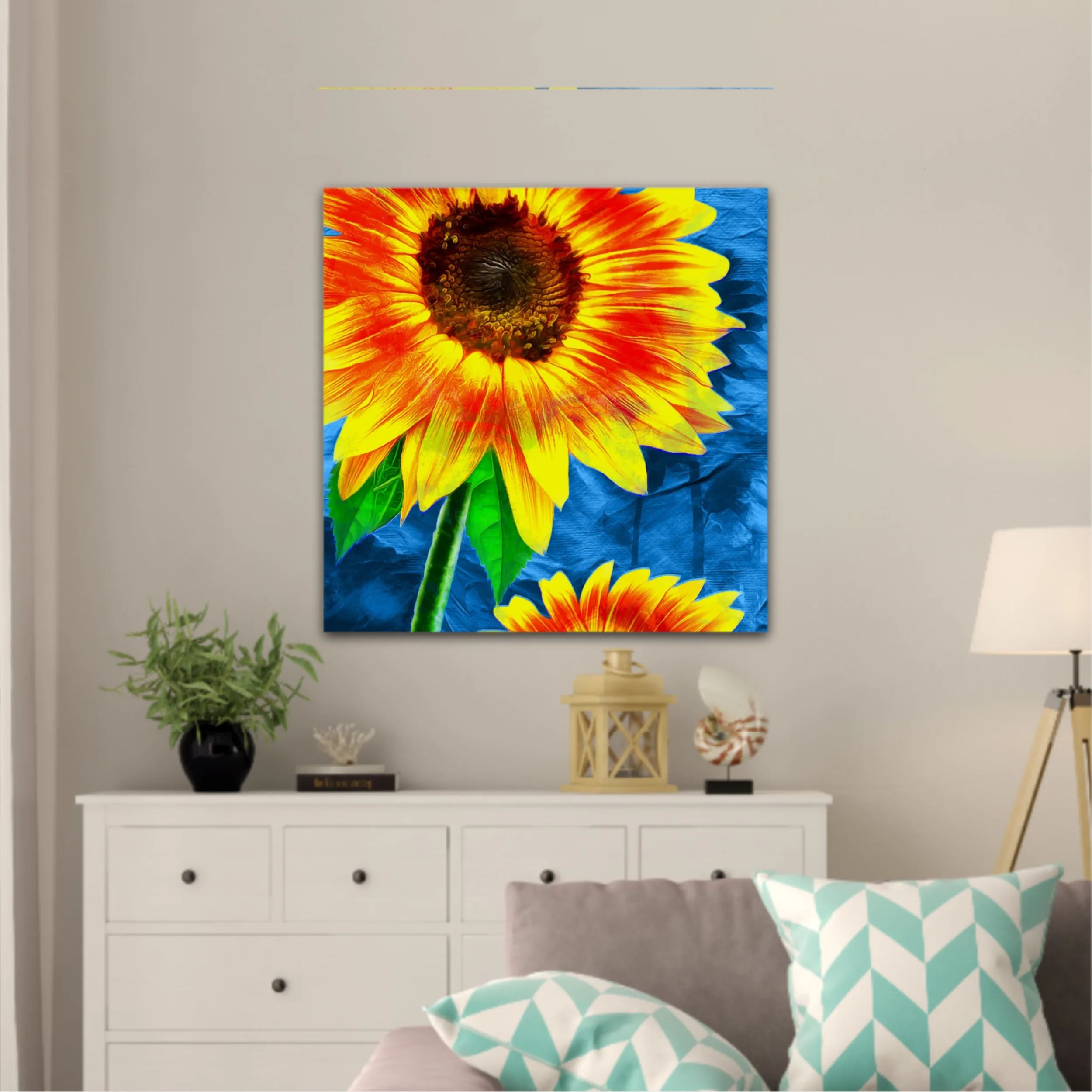 Yellow sunflowers on blue abstract background N1