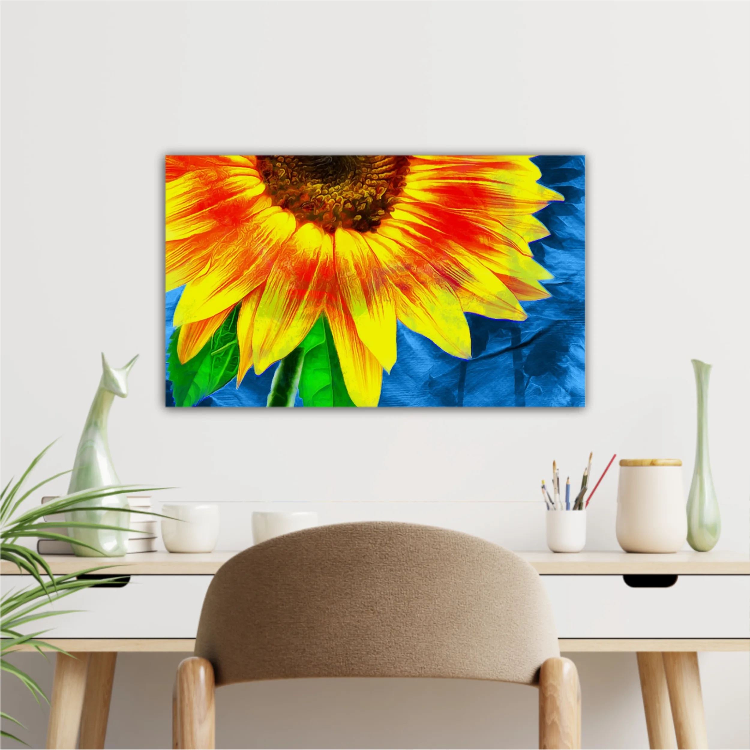 Yellow sunflowers on blue abstract background N1