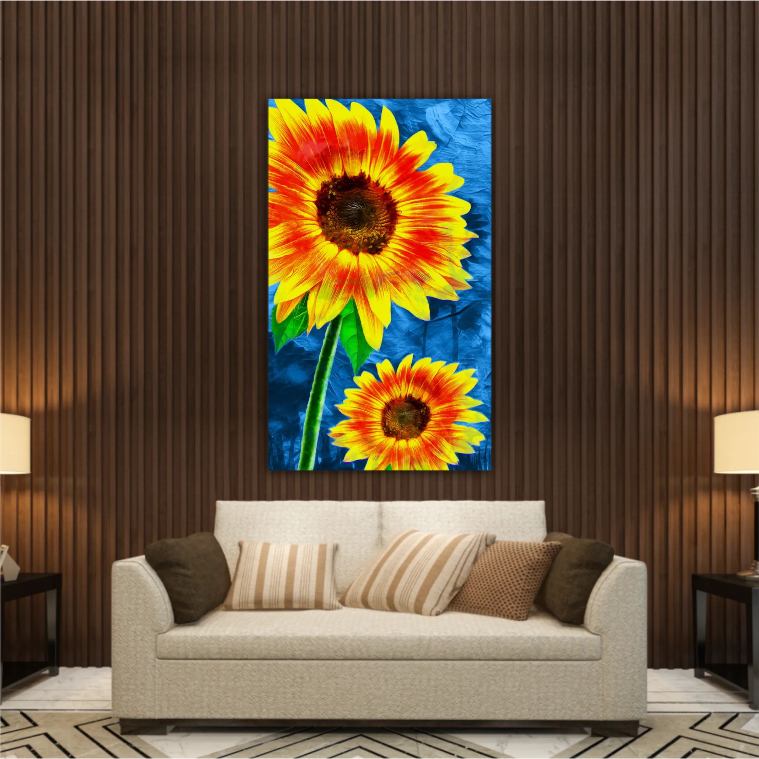 Yellow sunflowers on blue abstract background N1