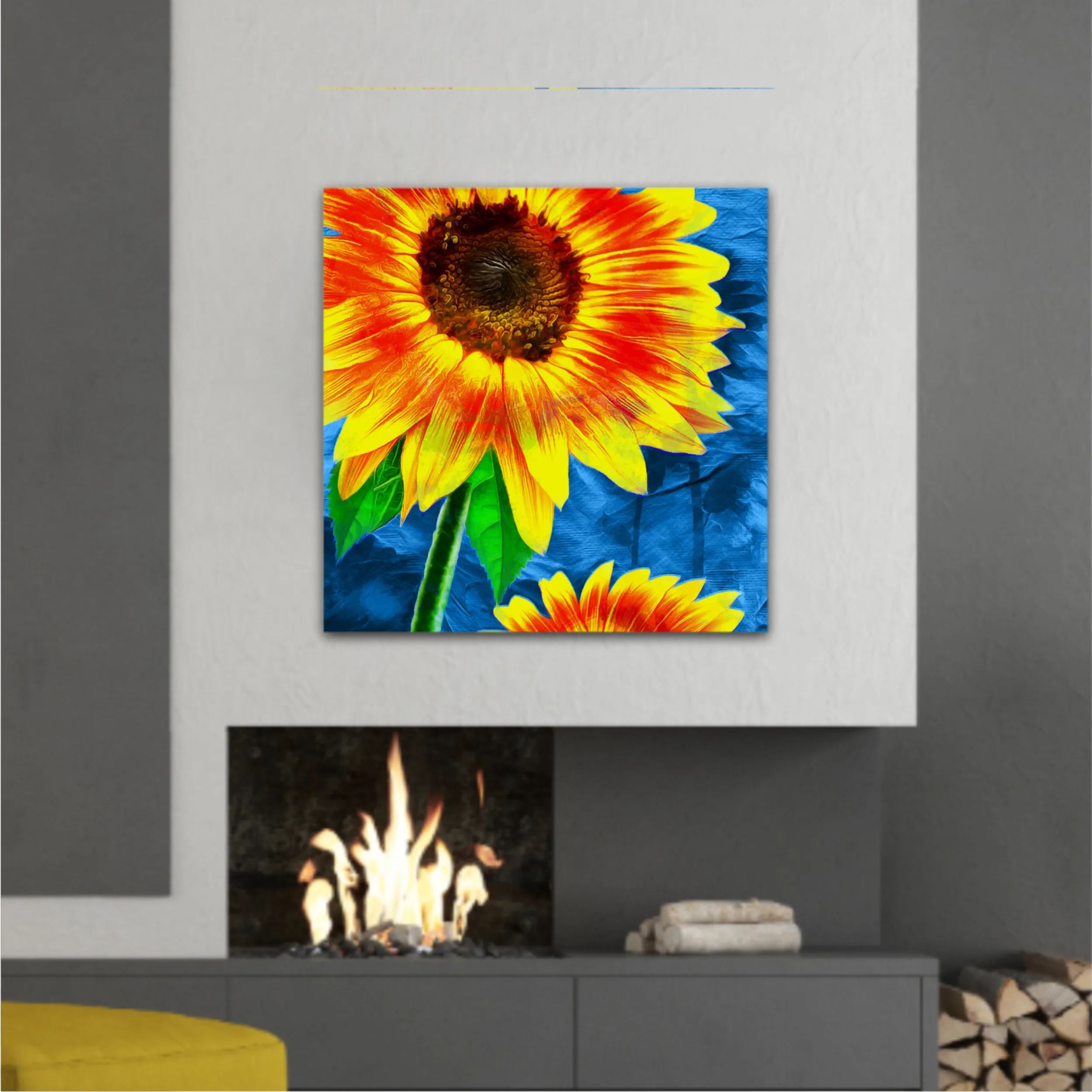 Yellow sunflowers on blue abstract background N1