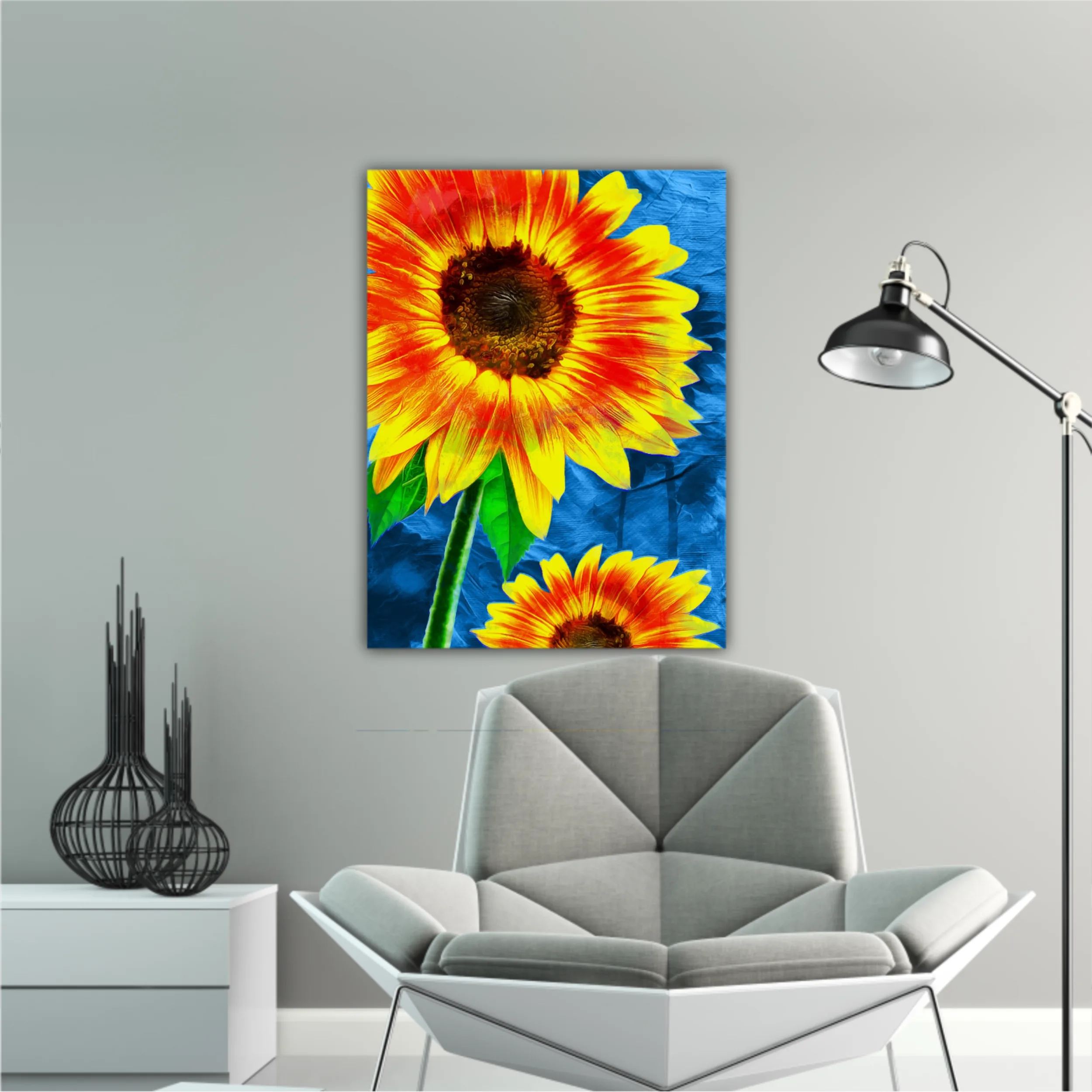 Yellow sunflowers on blue abstract background N1