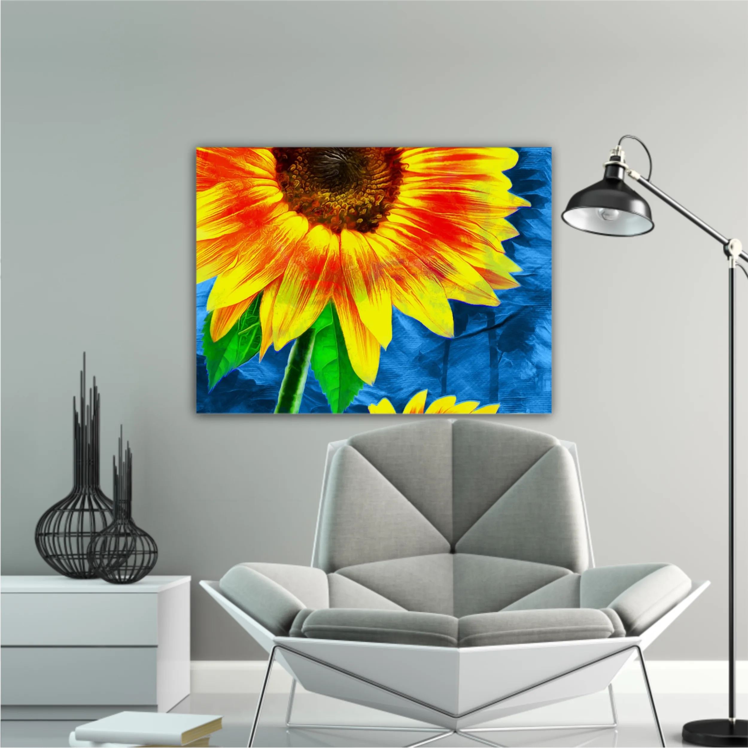 Yellow sunflowers on blue abstract background N1