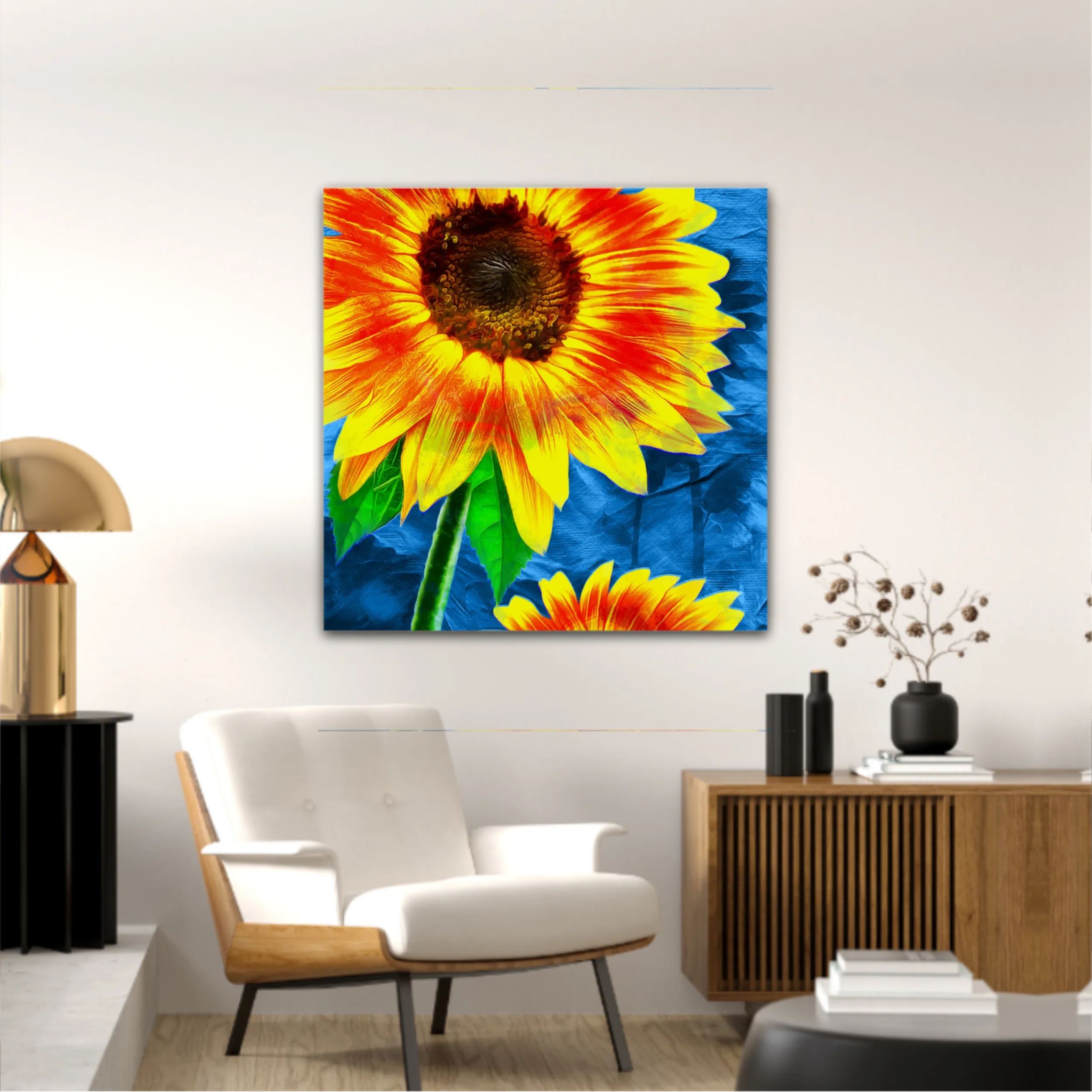 Yellow sunflowers on blue abstract background N1