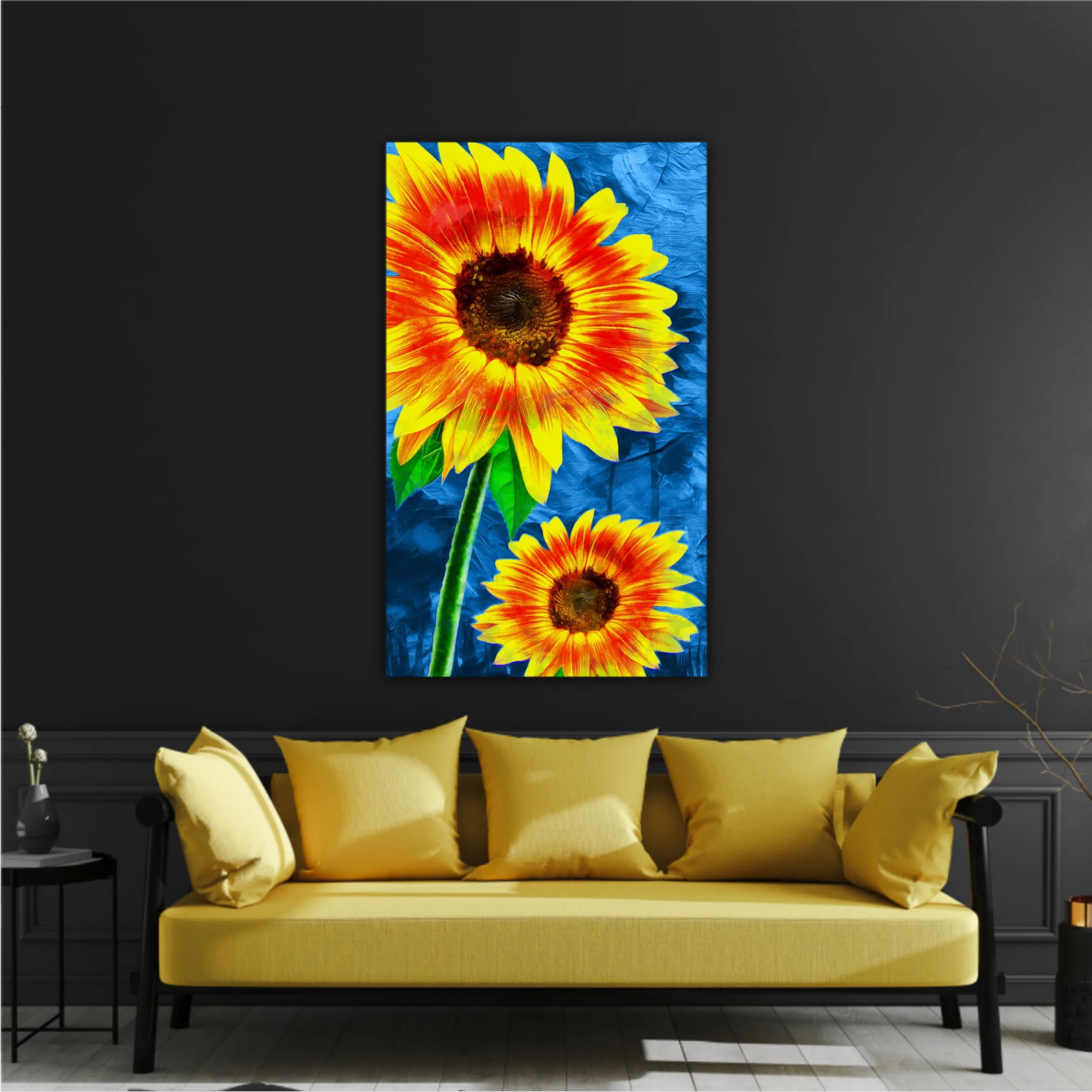 Yellow sunflowers on blue abstract background N1