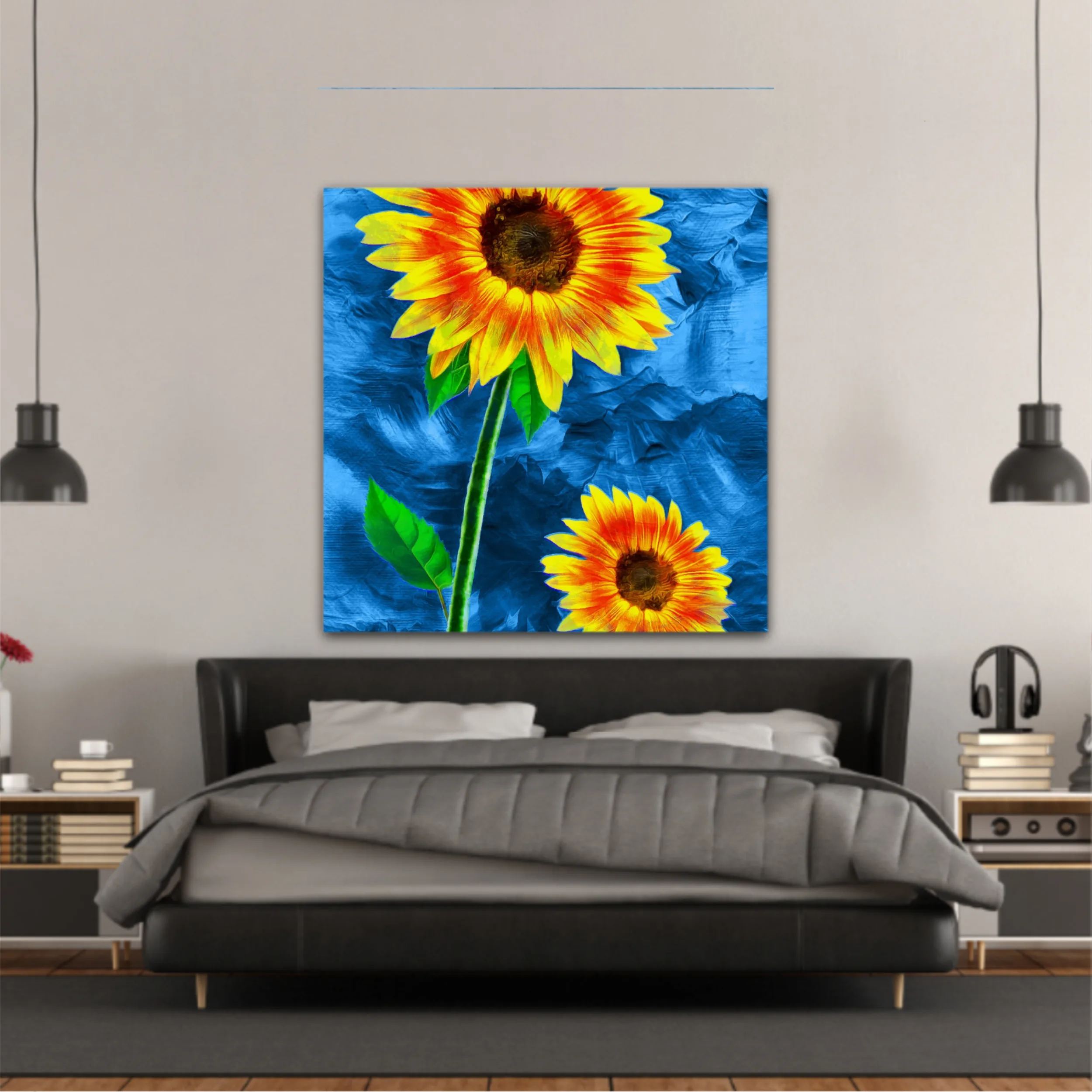 Yellow sunflowers on blue abstract background N2