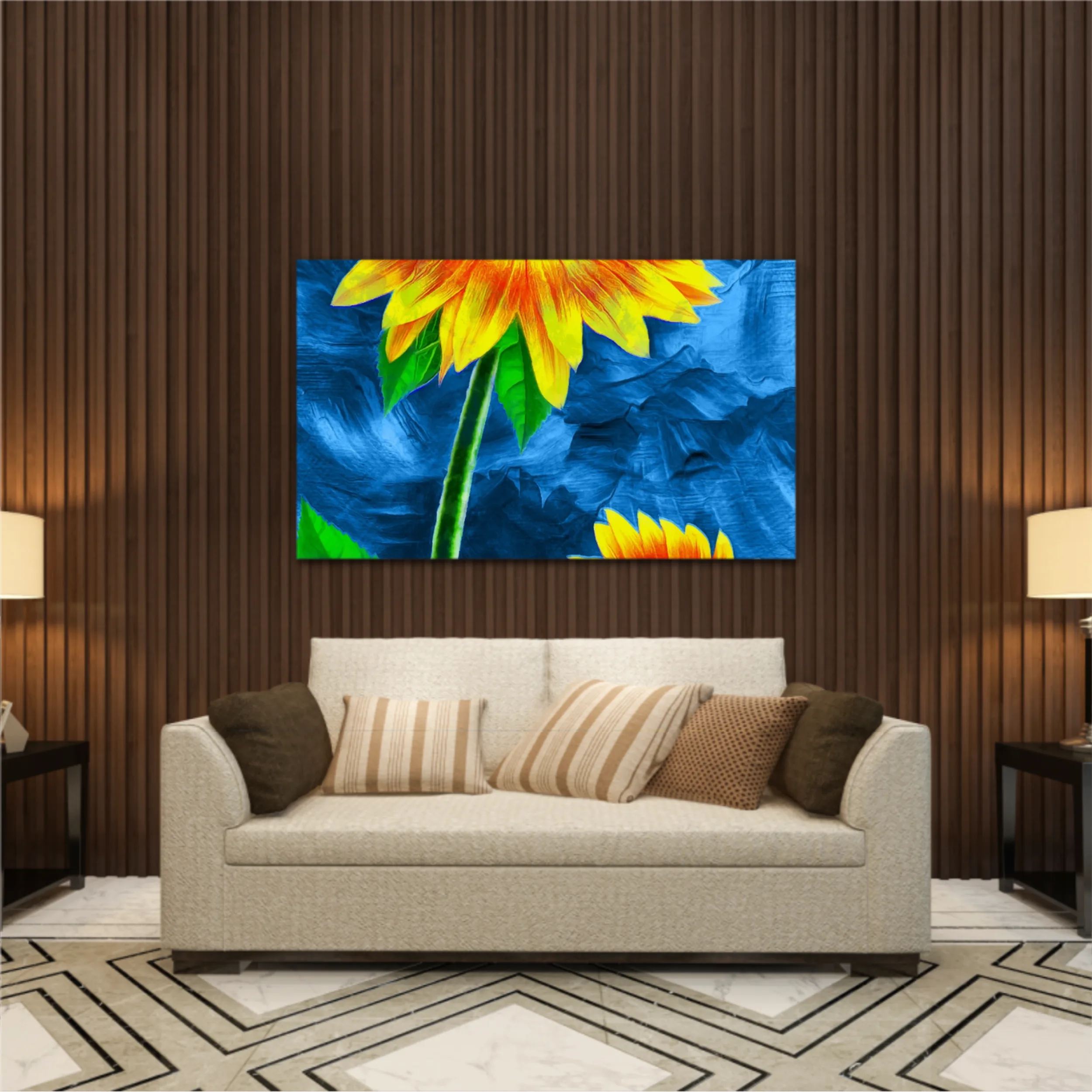 Yellow sunflowers on blue abstract background N2