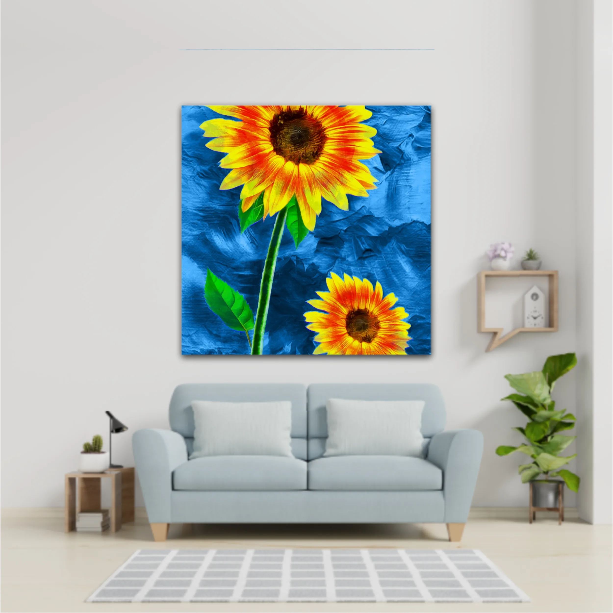 Yellow sunflowers on blue abstract background N2