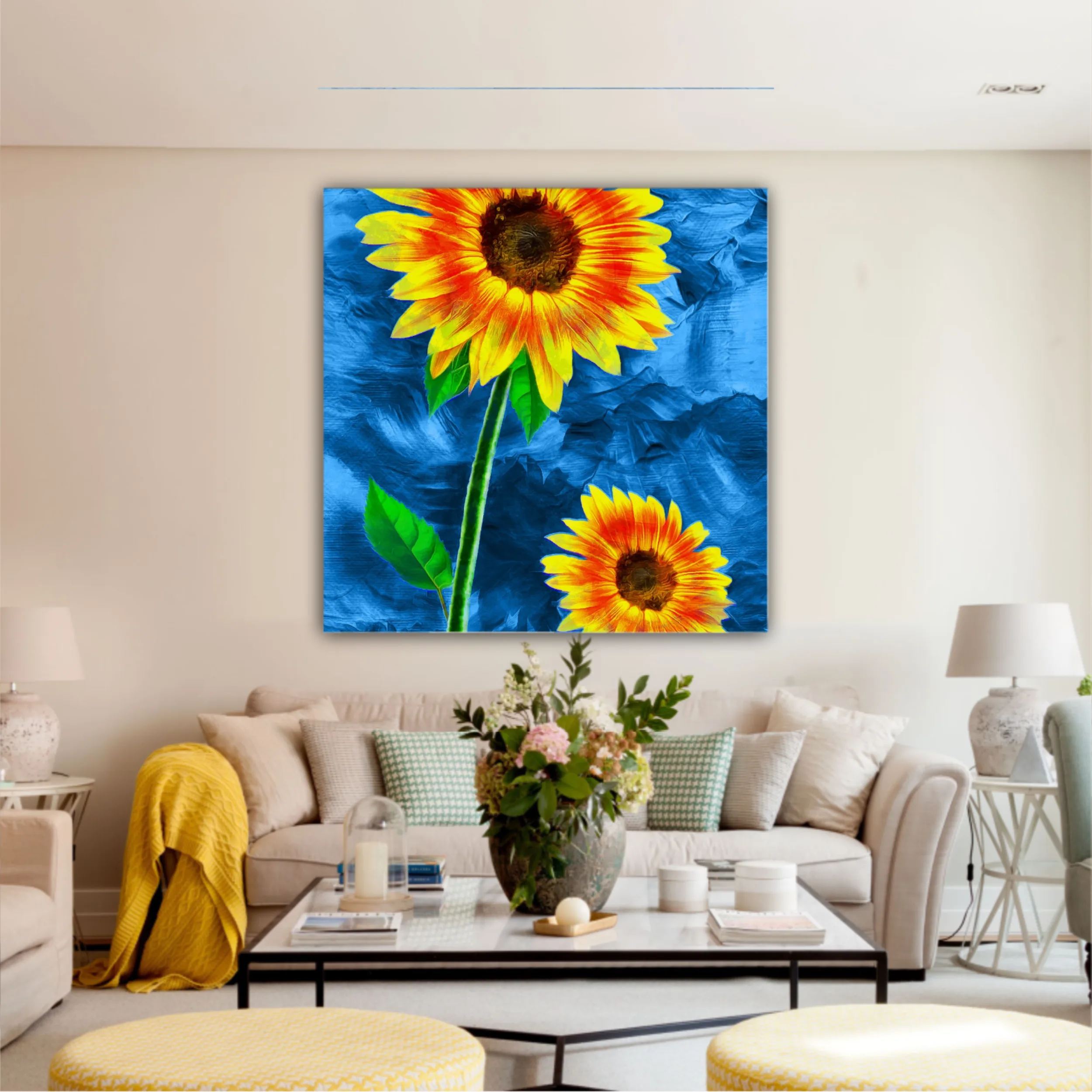 Yellow sunflowers on blue abstract background N2