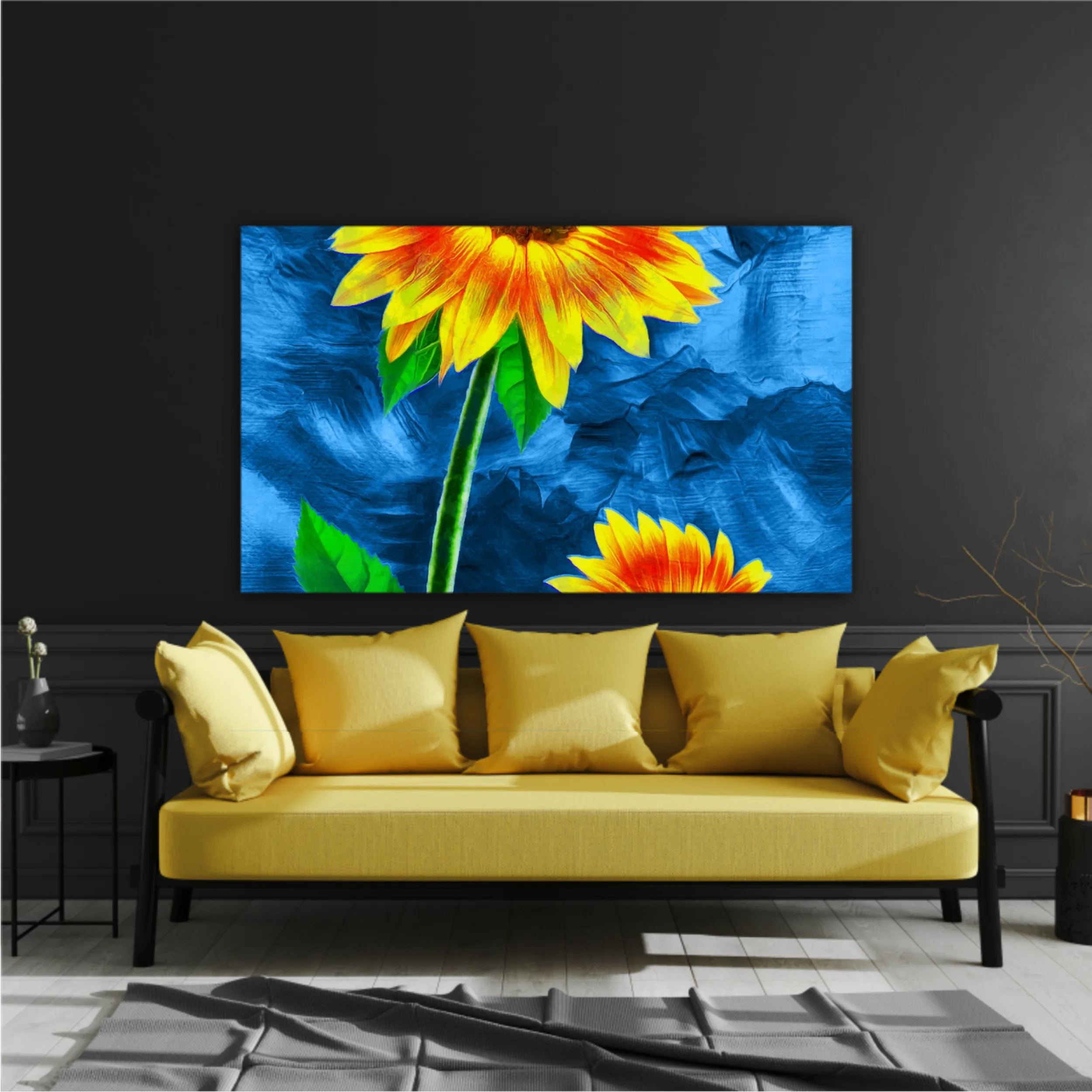 Yellow sunflowers on blue abstract background N2