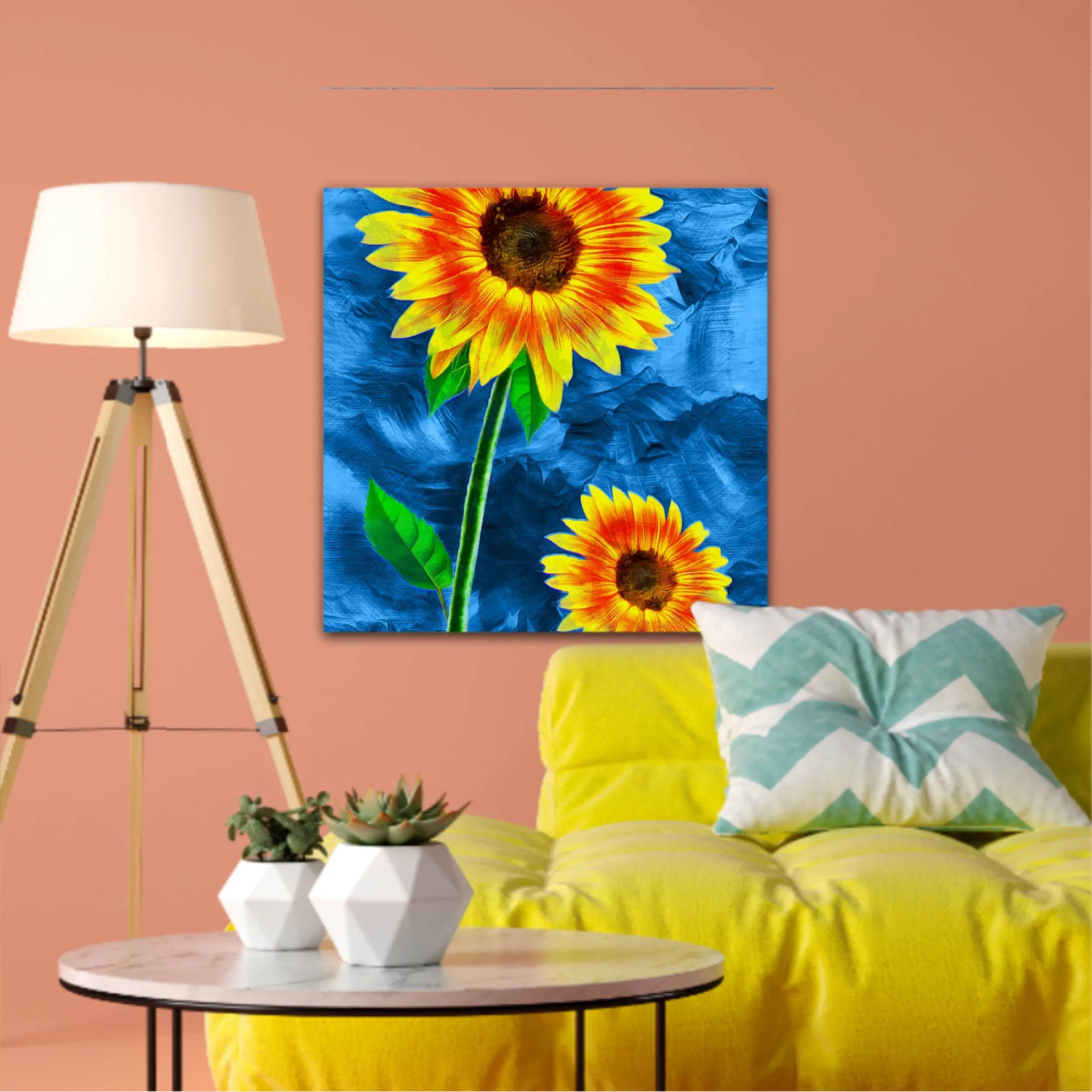 Yellow sunflowers on blue abstract background N2