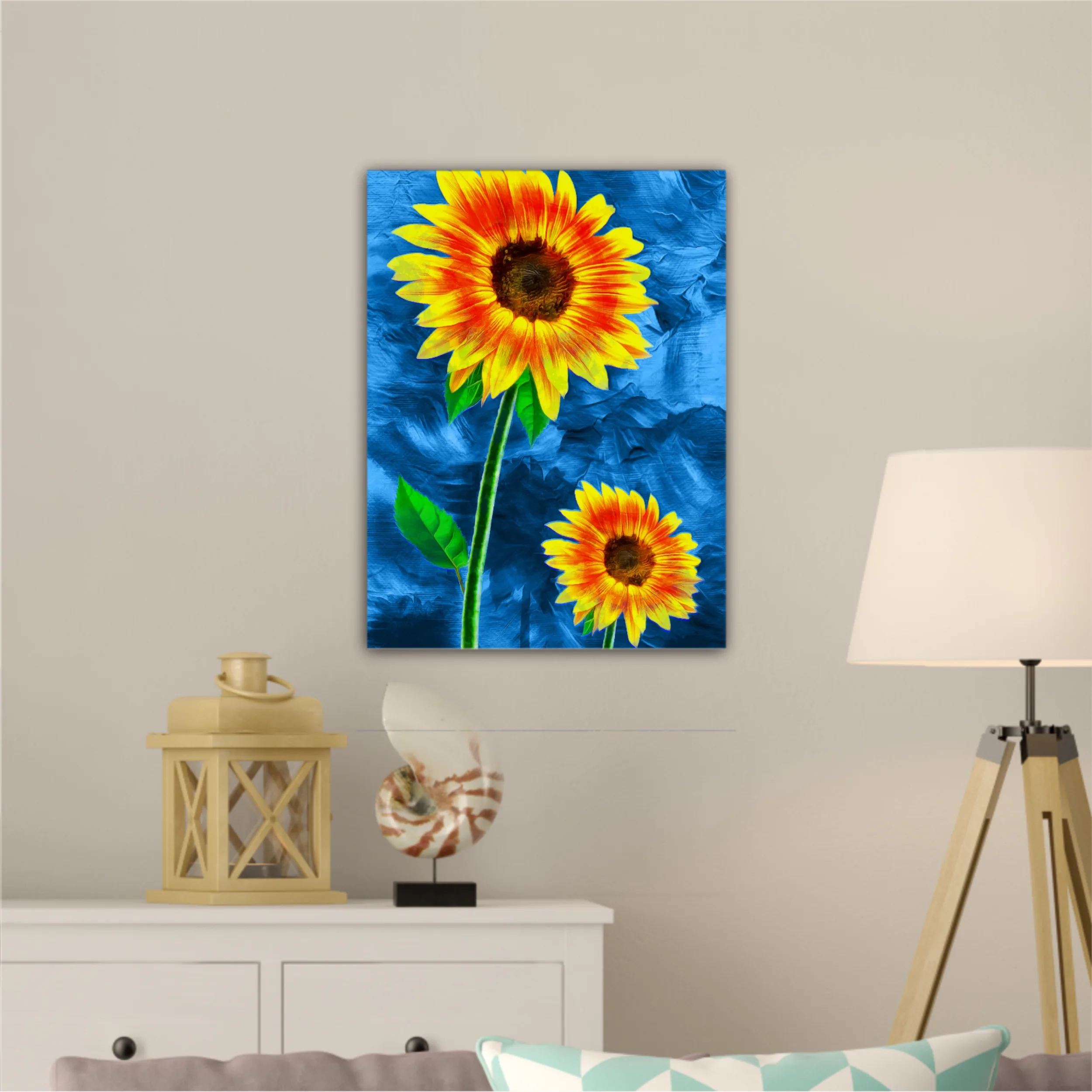 Yellow sunflowers on blue abstract background N2