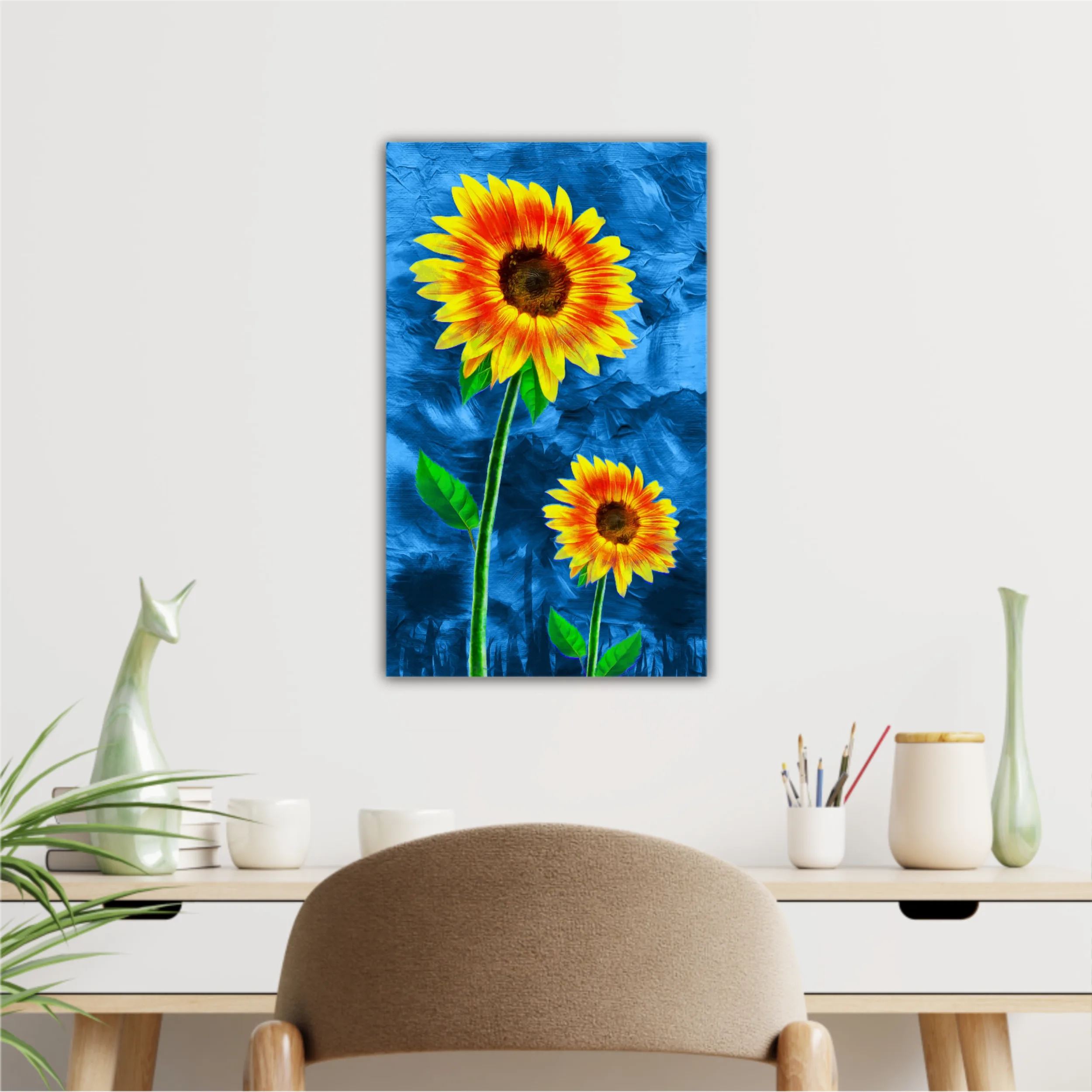 Yellow sunflowers on blue abstract background N2