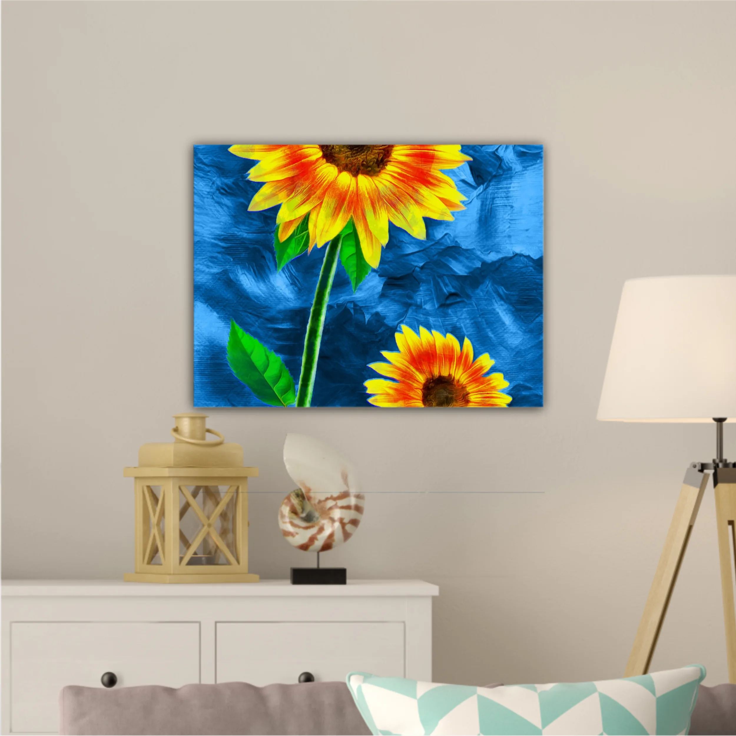 Yellow sunflowers on blue abstract background N2