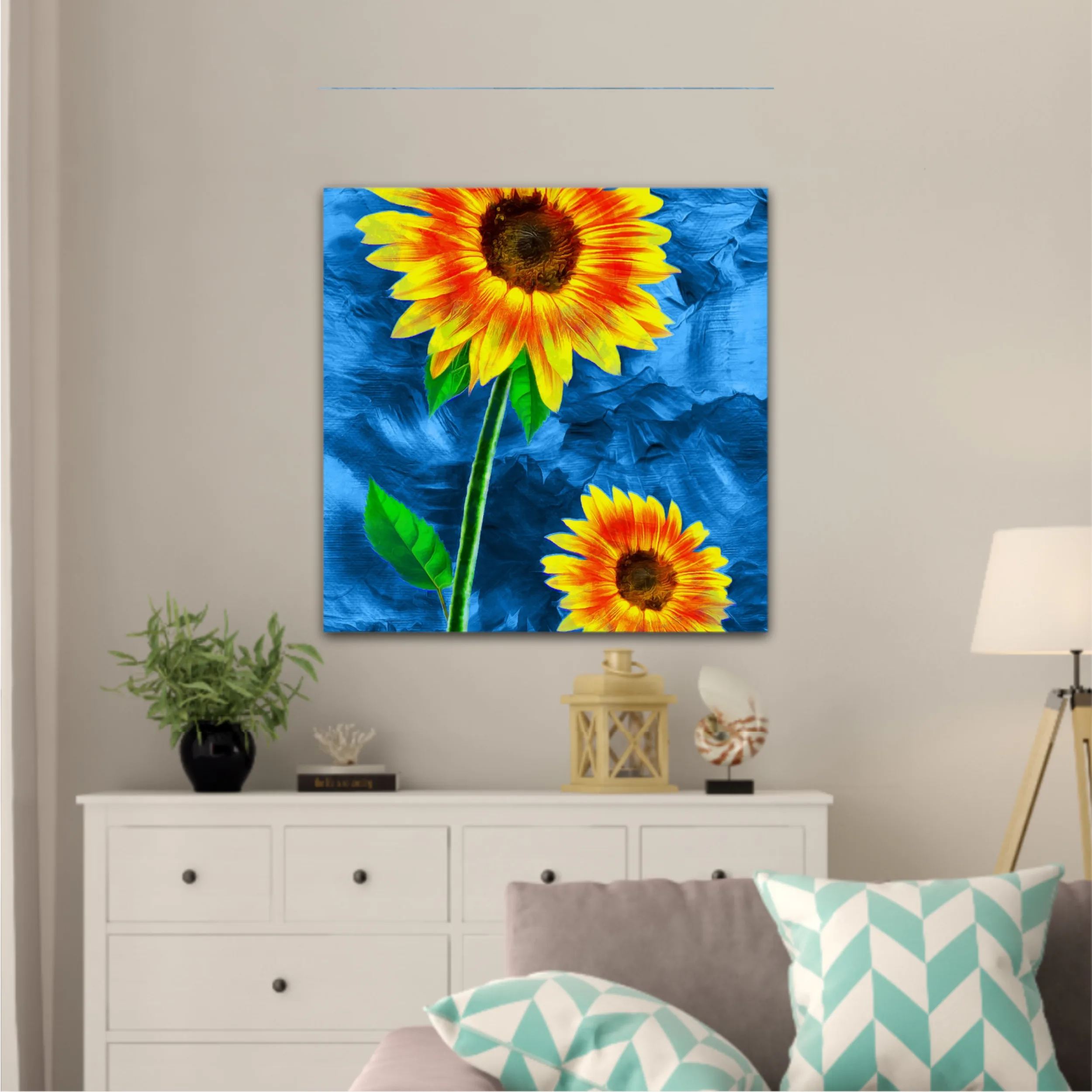 Yellow sunflowers on blue abstract background N2