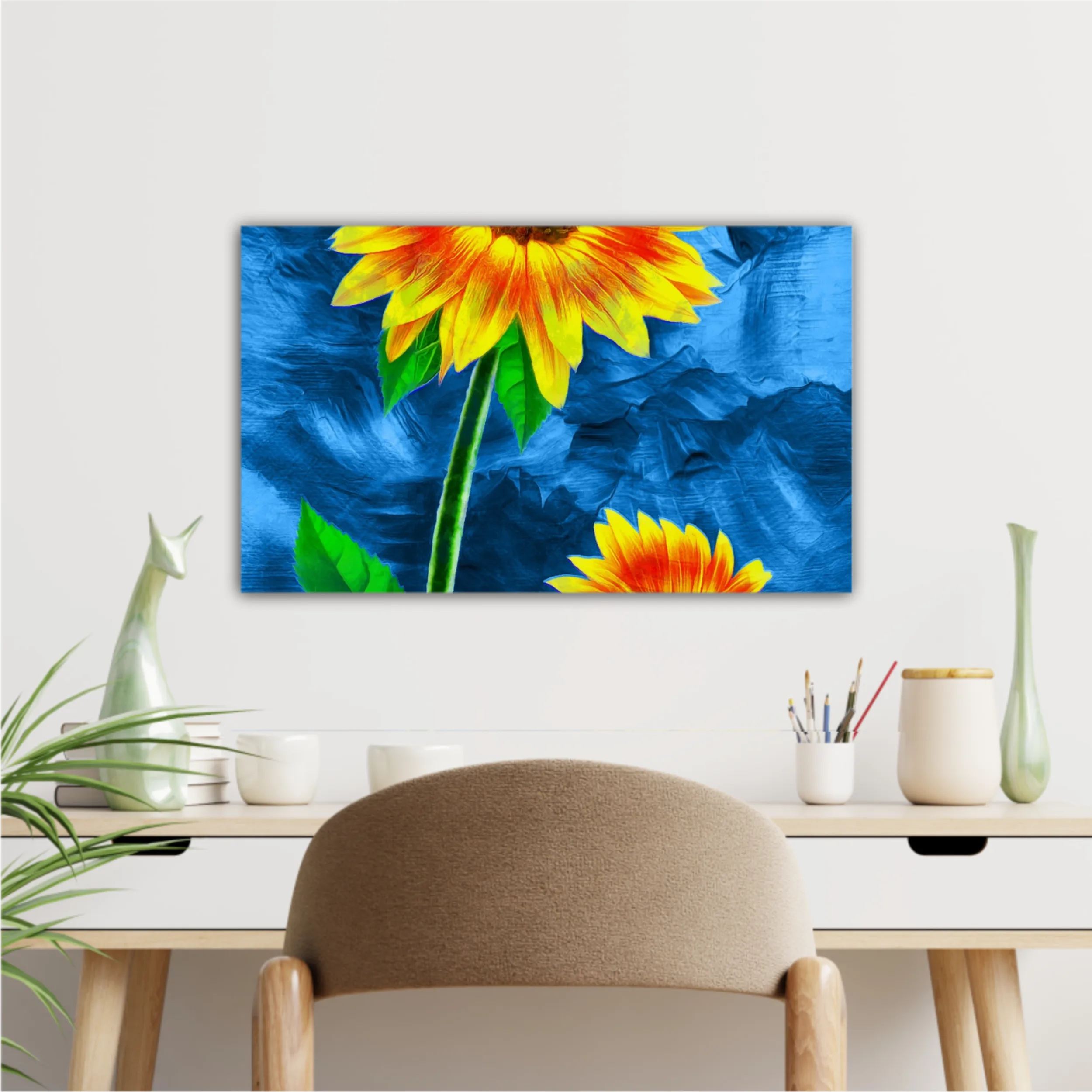 Yellow sunflowers on blue abstract background N2