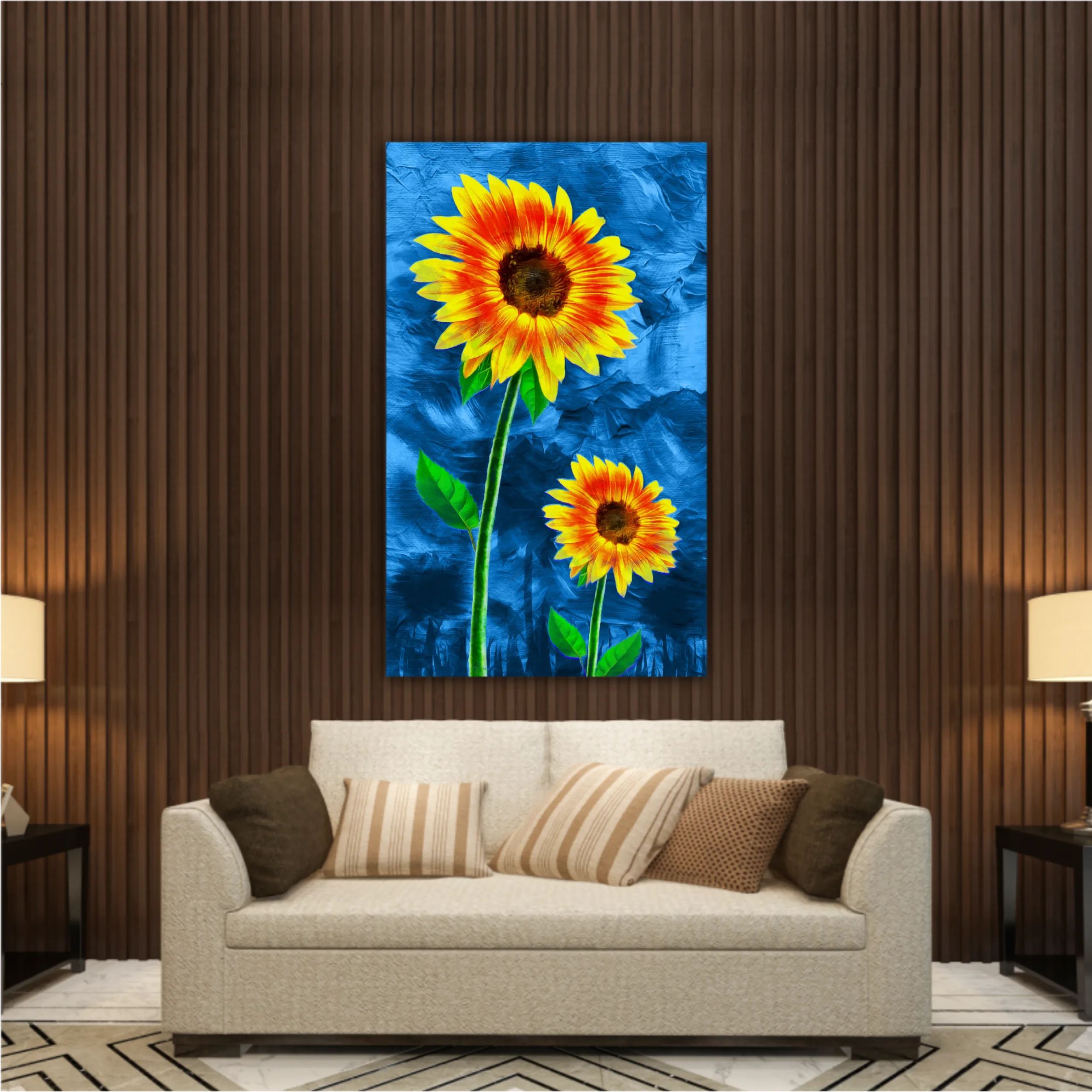 Yellow sunflowers on blue abstract background N2