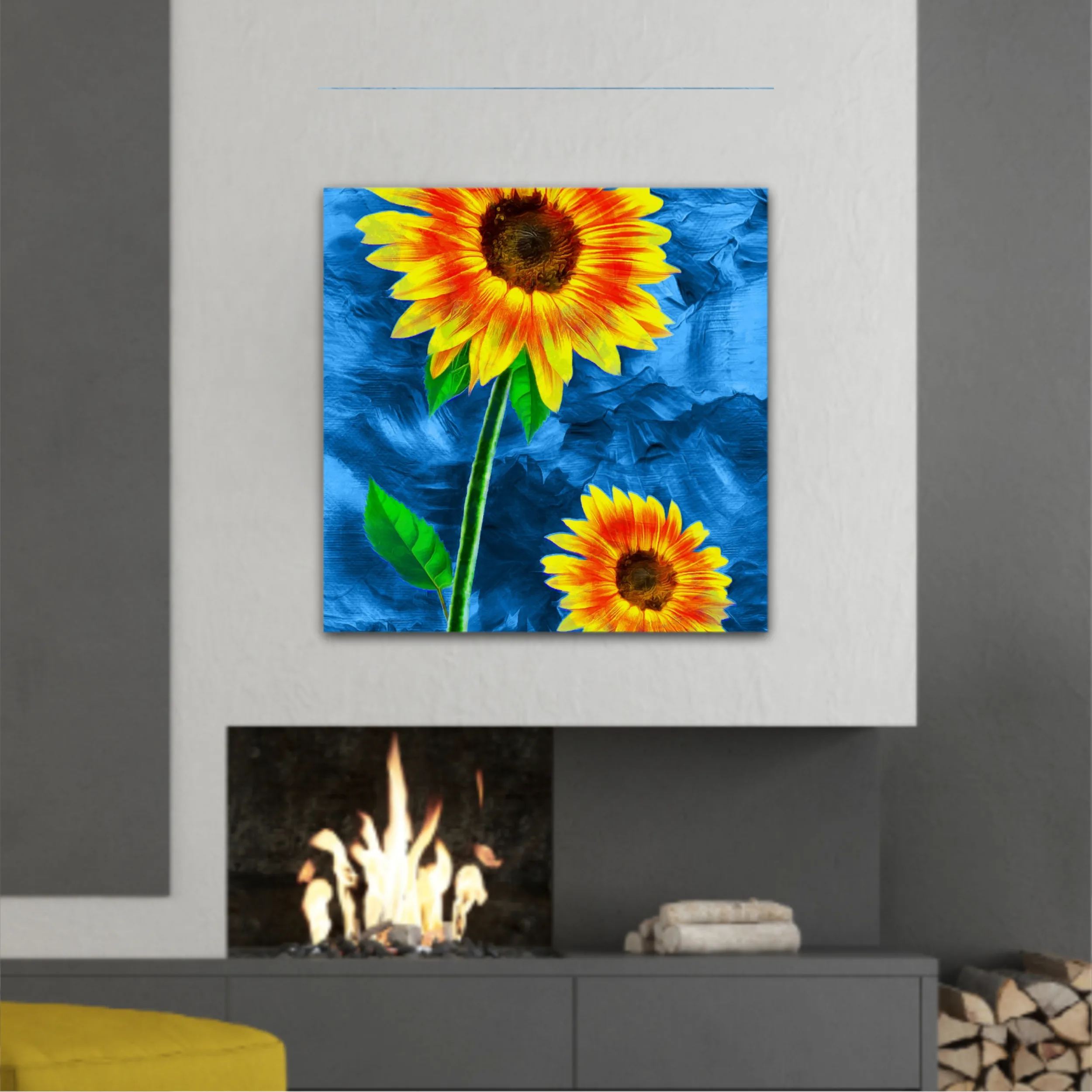 Yellow sunflowers on blue abstract background N2