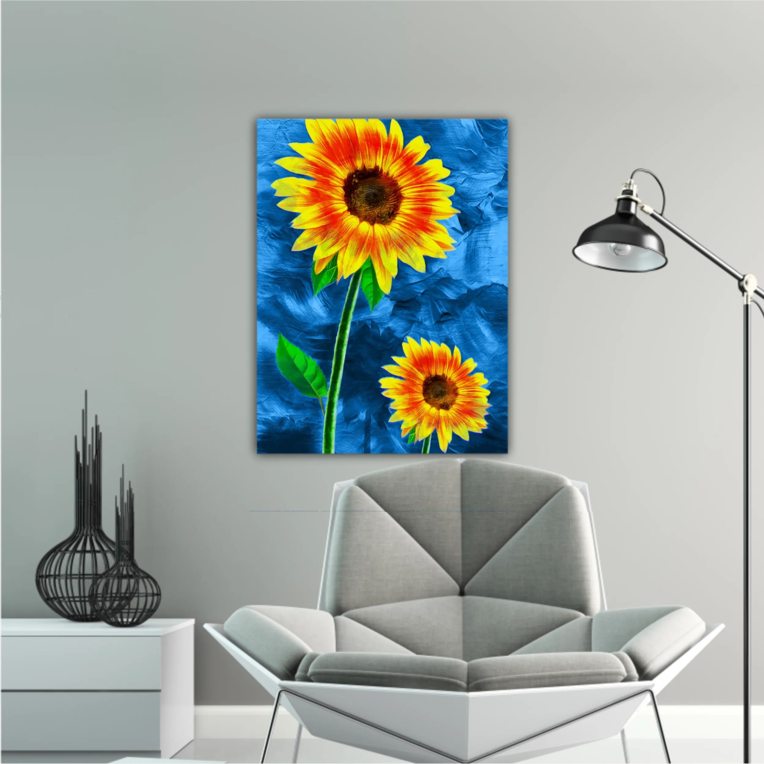 Yellow sunflowers on blue abstract background N2