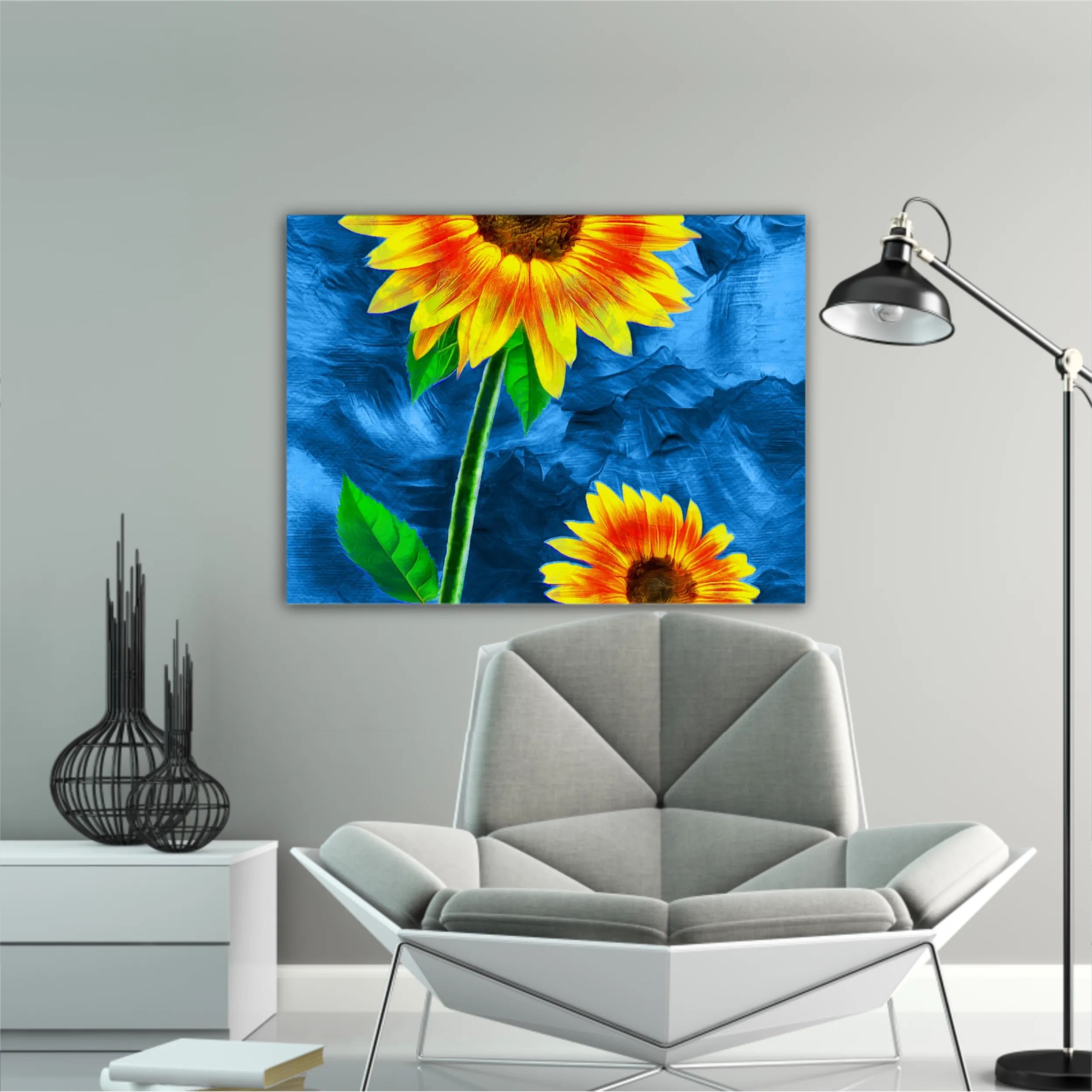 Yellow sunflowers on blue abstract background N2