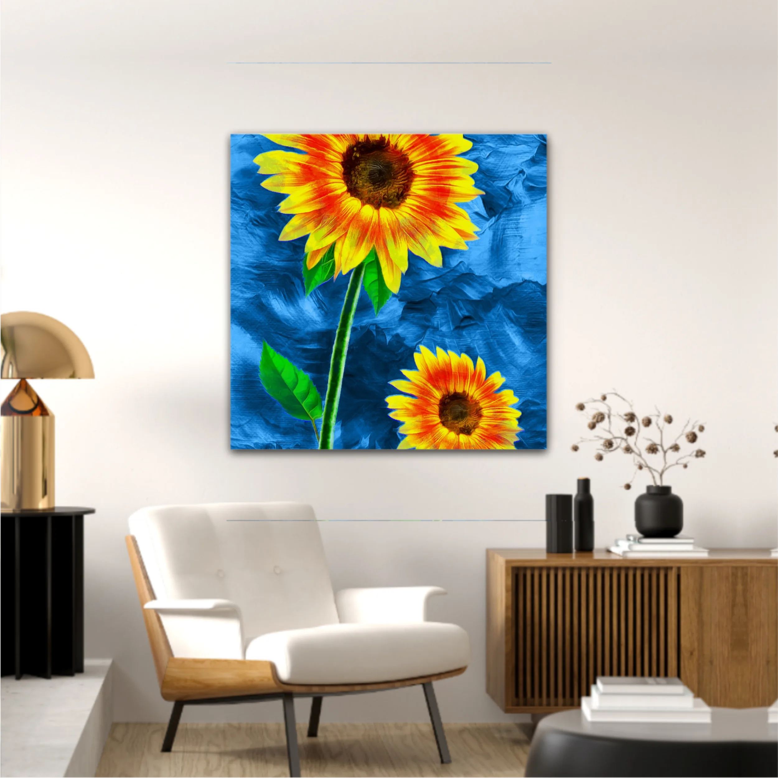 Yellow sunflowers on blue abstract background N2