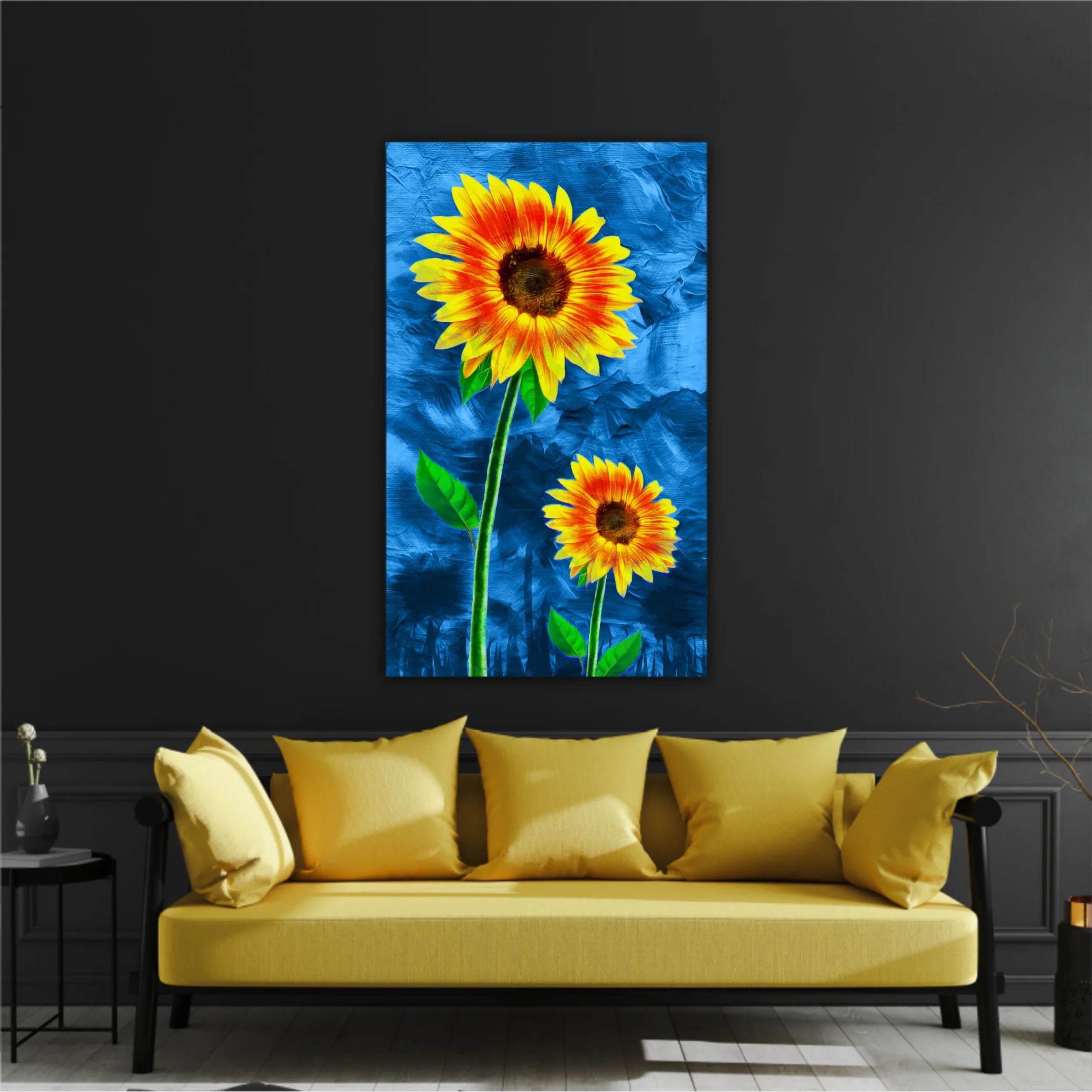 Yellow sunflowers on blue abstract background N2