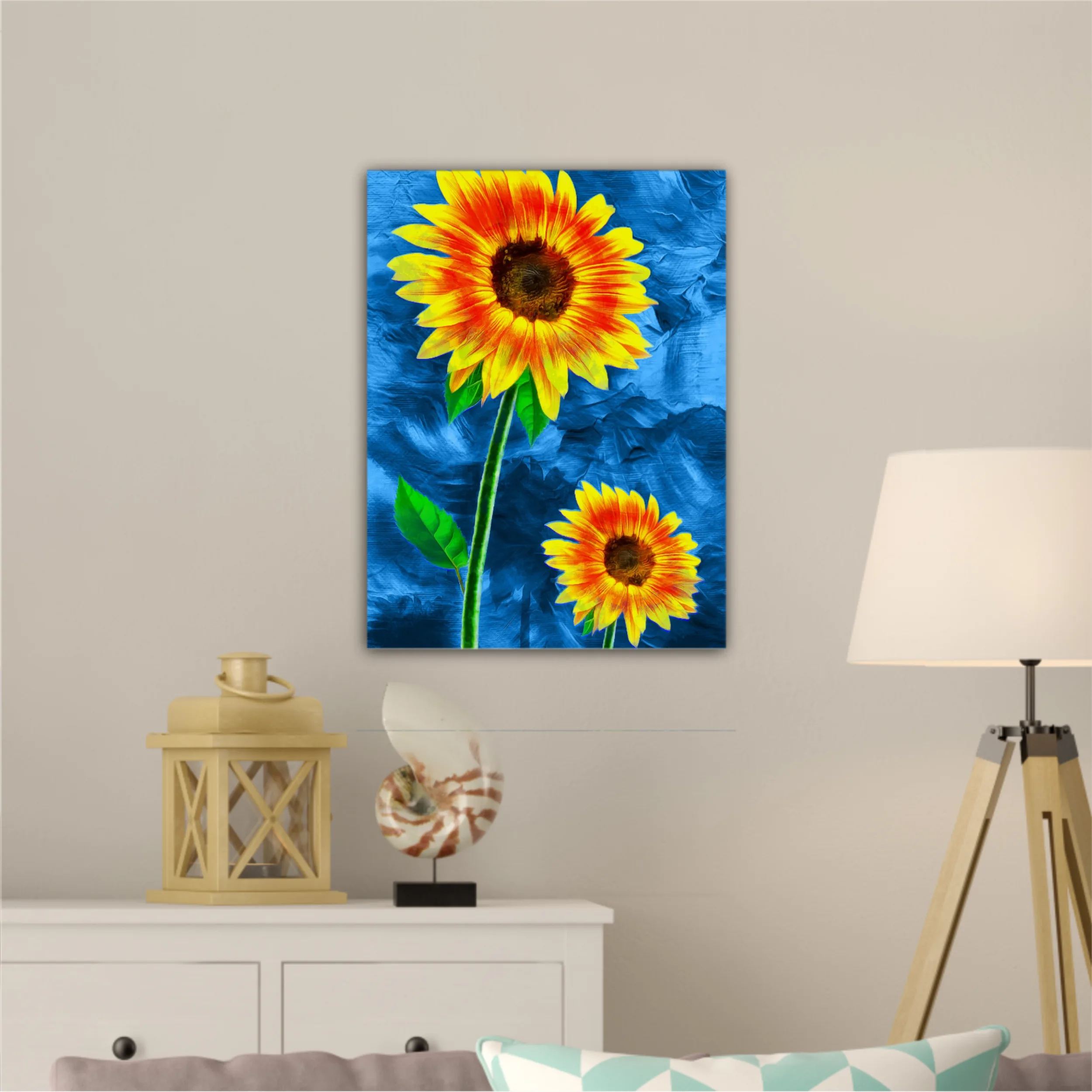 Yellow sunflowers on blue abstract background N3