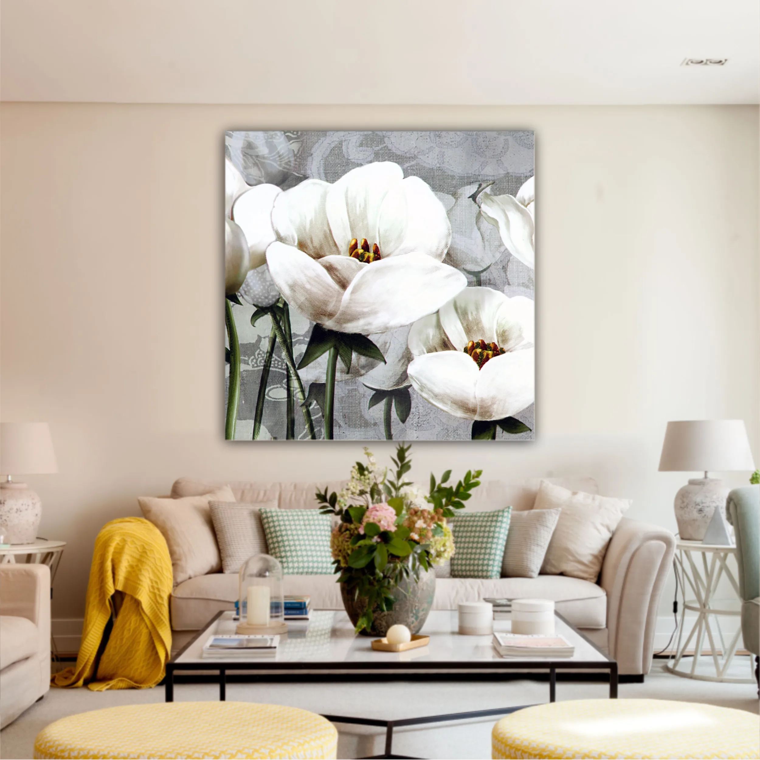 White peonies on a gray background