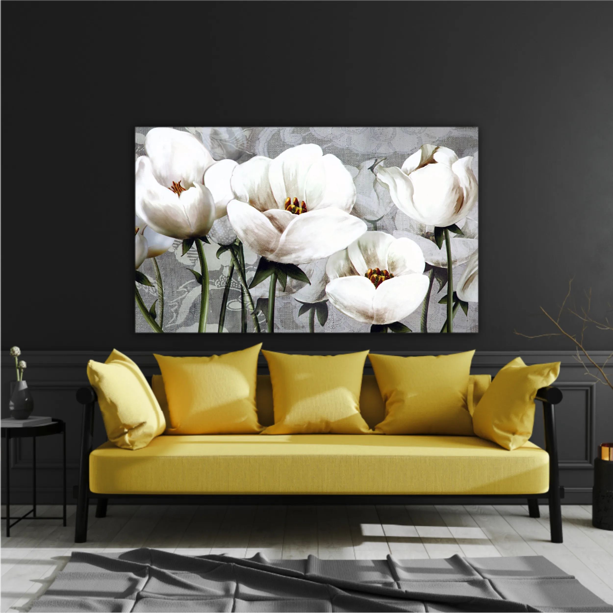 White peonies on a gray background