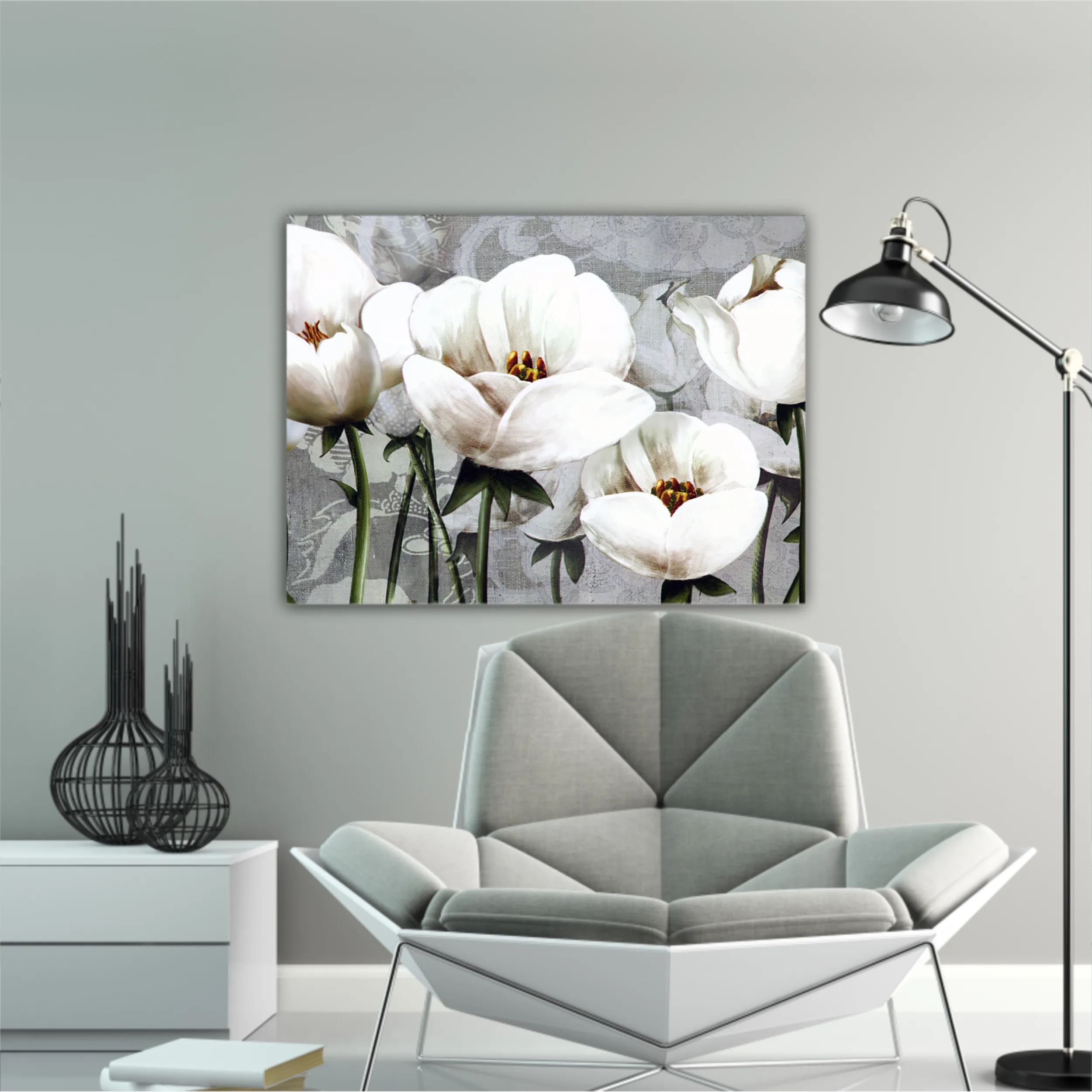 White peonies on a gray background