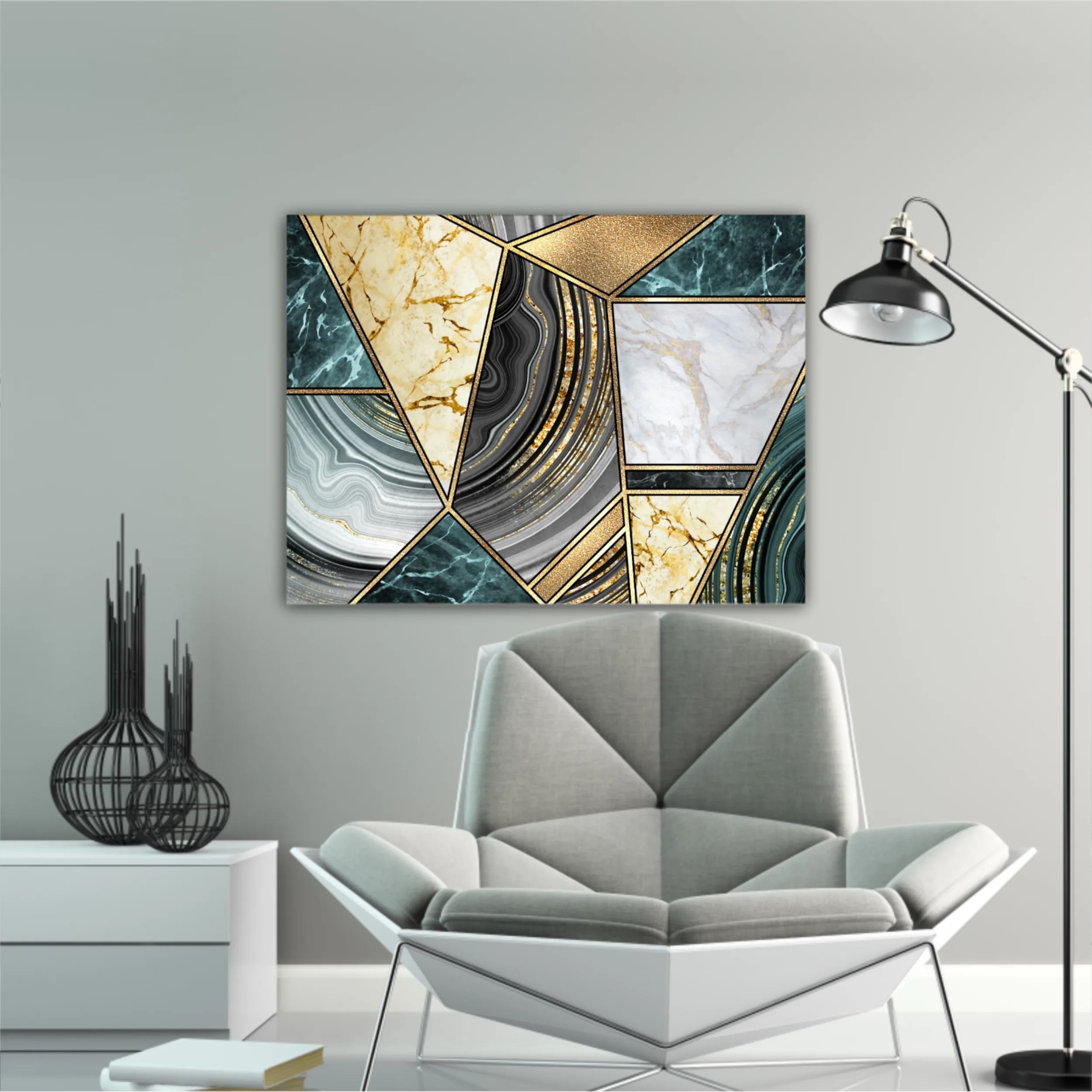 Сreative texture of marble,  modern mosaic inlay, green and gold N3