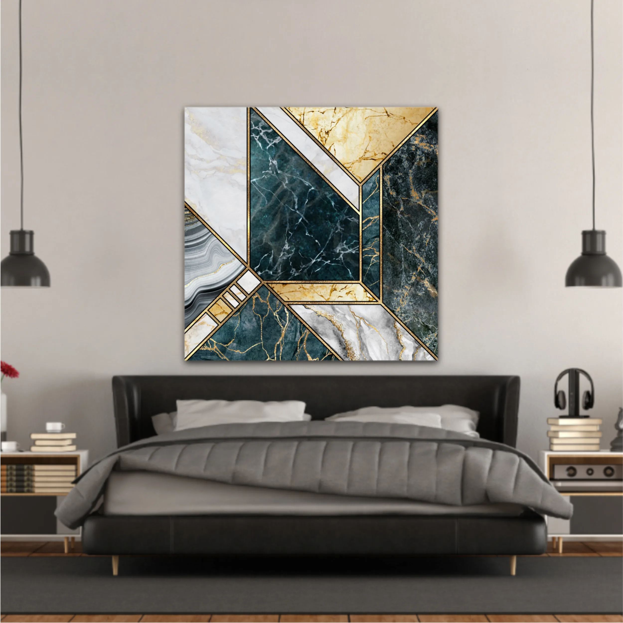 Сreative texture of marble,  modern mosaic inlay, green and gold N4