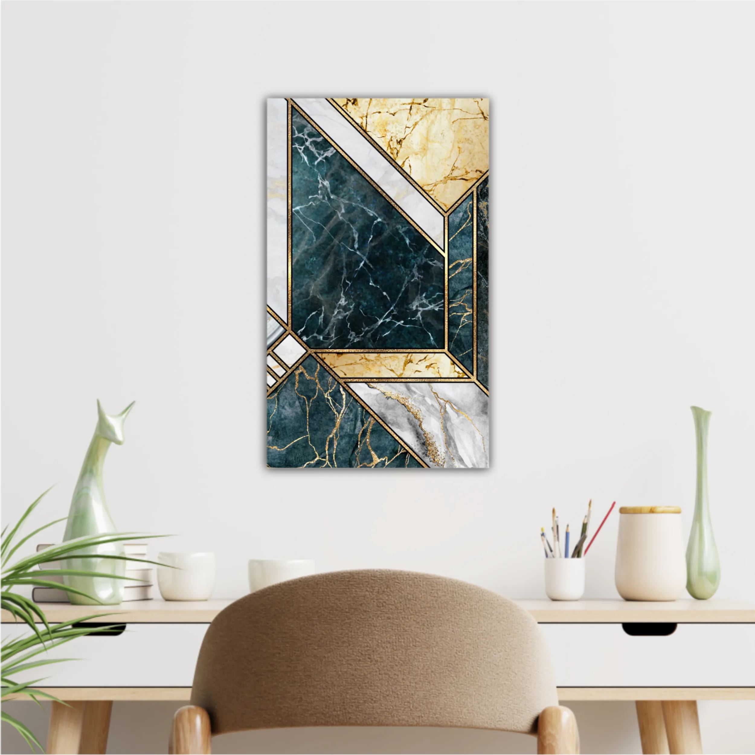 Сreative texture of marble,  modern mosaic inlay, green and gold N4