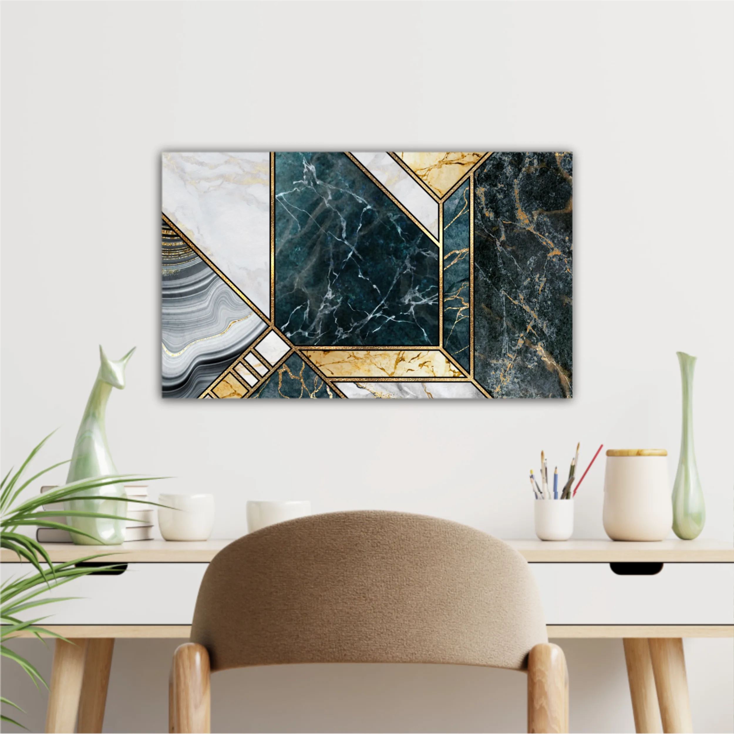 Сreative texture of marble,  modern mosaic inlay, green and gold N4