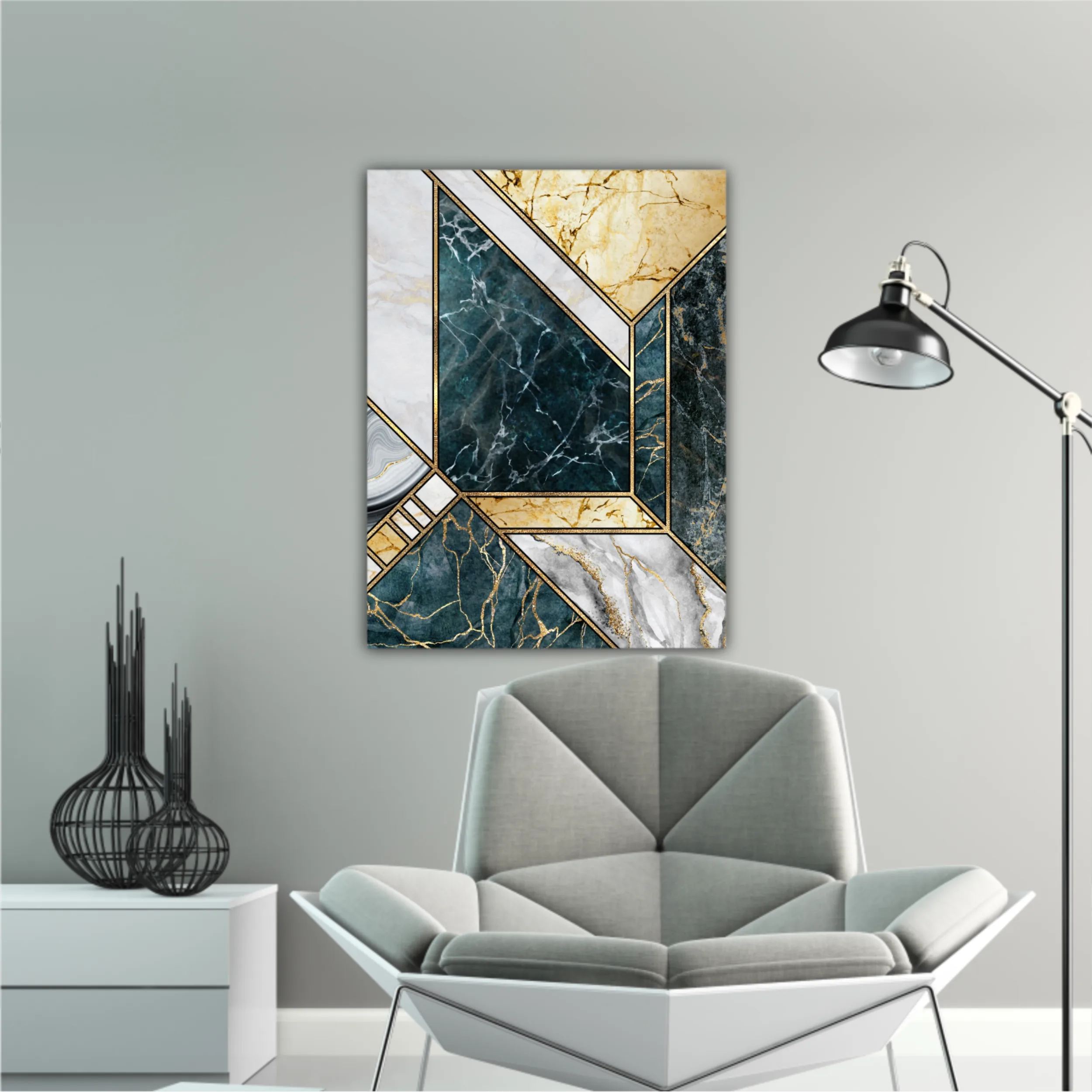 Сreative texture of marble,  modern mosaic inlay, green and gold N4