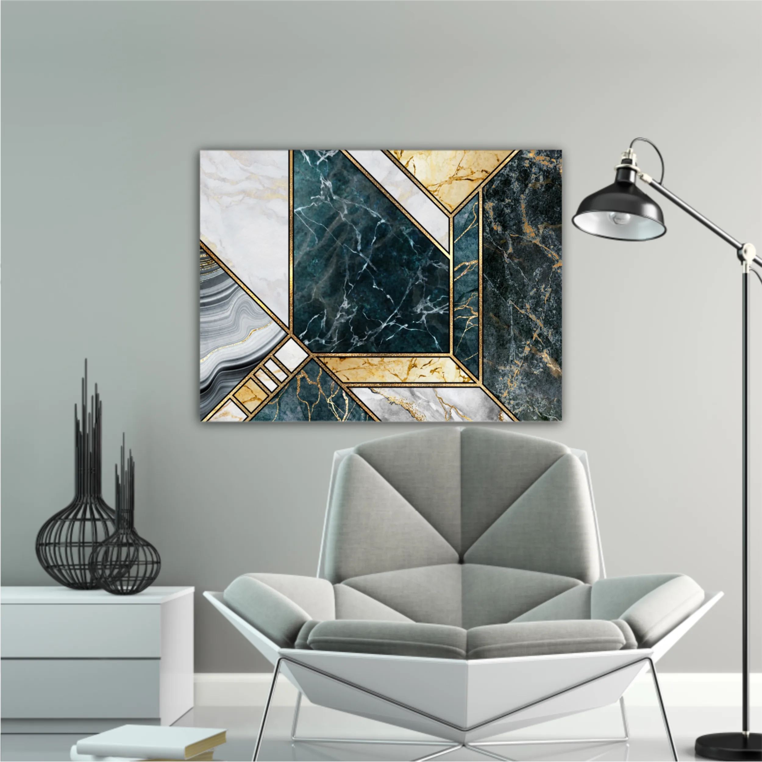 Сreative texture of marble,  modern mosaic inlay, green and gold N4