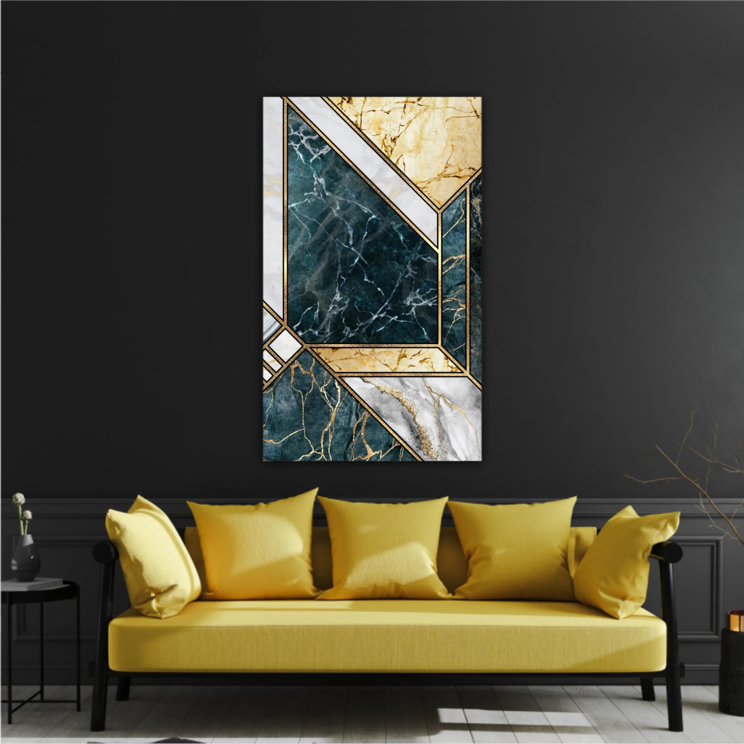 Сreative texture of marble,  modern mosaic inlay, green and gold N4