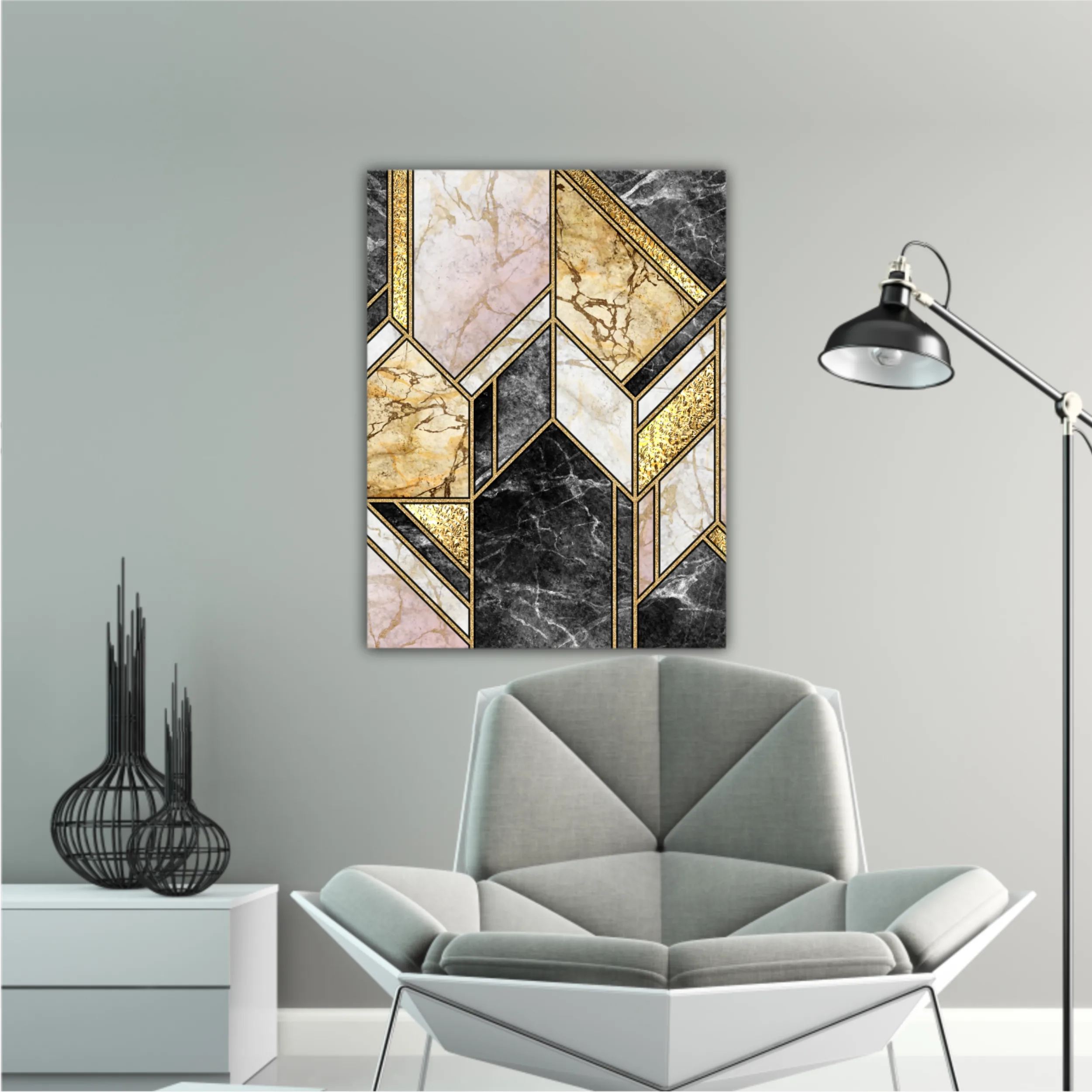 Сreative texture of marble,  modern mosaic inlay, green and gold N5