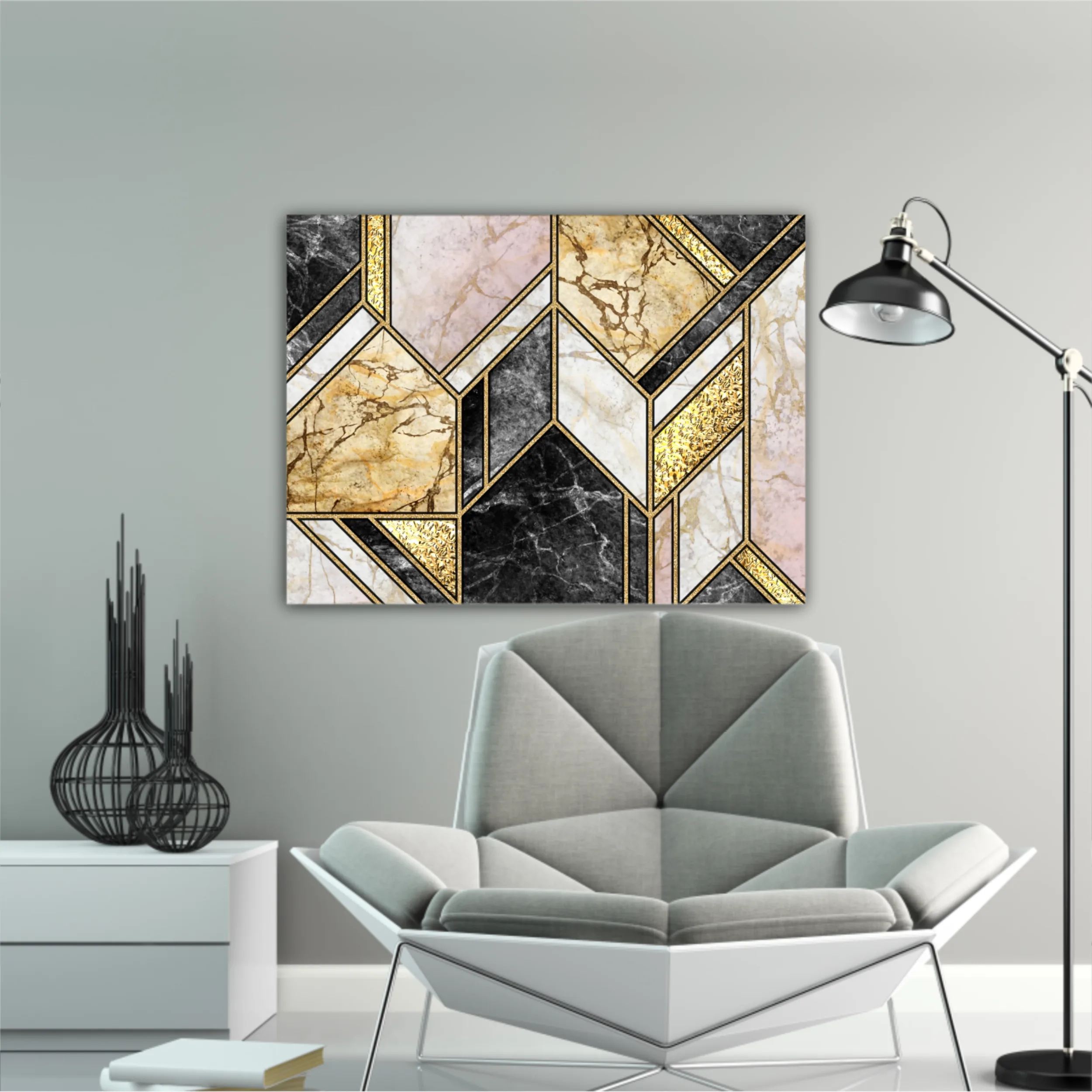 Сreative texture of marble,  modern mosaic inlay, green and gold N5