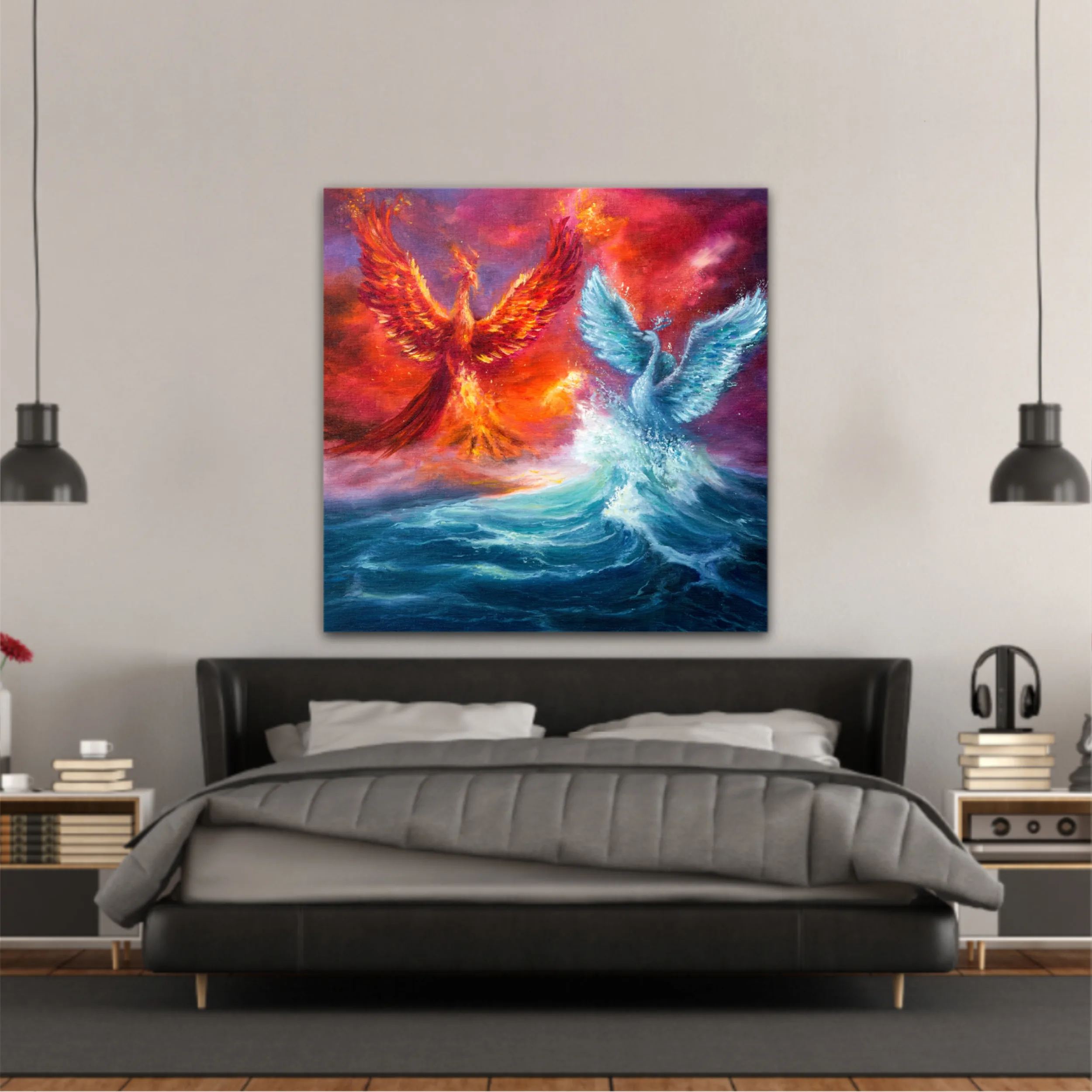  phoenix and spiritual swan from waves in ocean. Golden sunset. Modern Impressionism, modernism, marinism