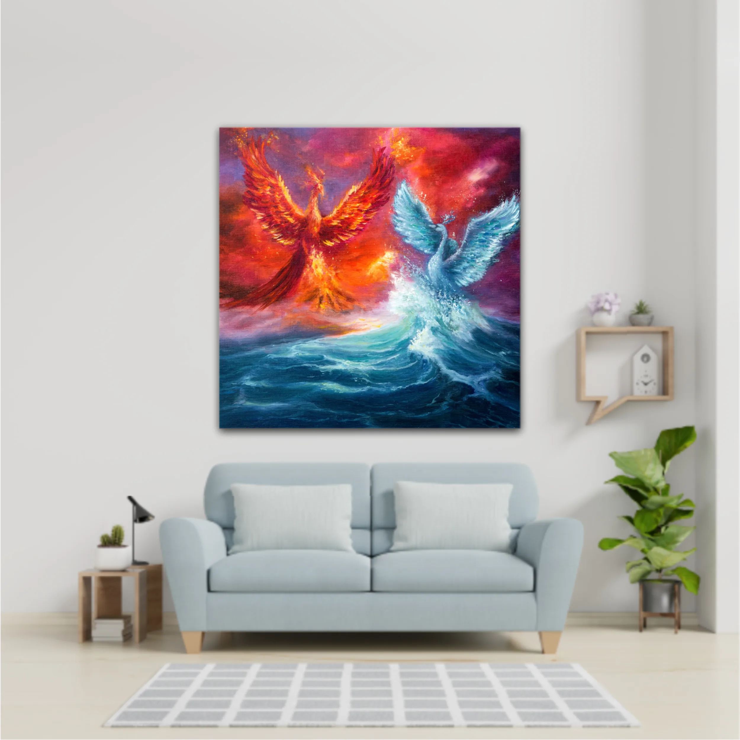  phoenix and spiritual swan from waves in ocean. Golden sunset. Modern Impressionism, modernism, marinism