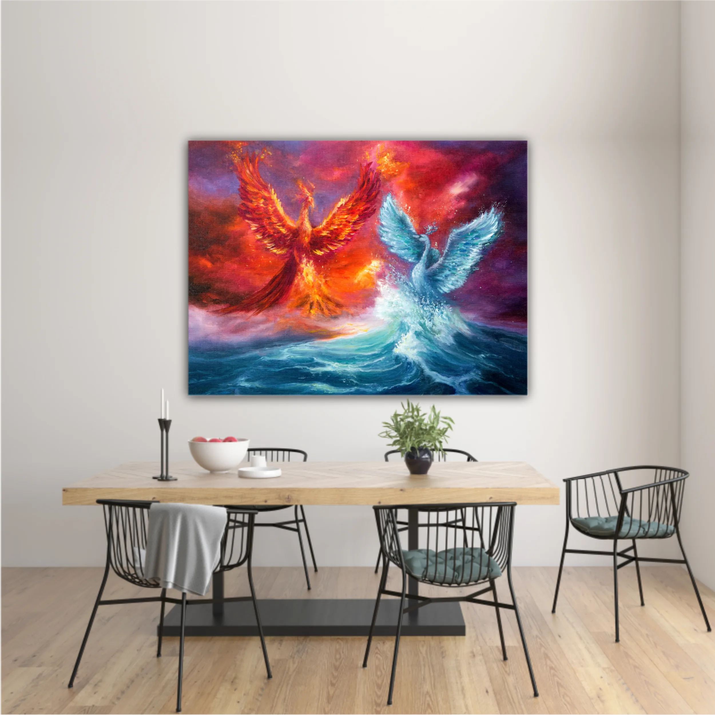  phoenix and spiritual swan from waves in ocean. Golden sunset. Modern Impressionism, modernism, marinism