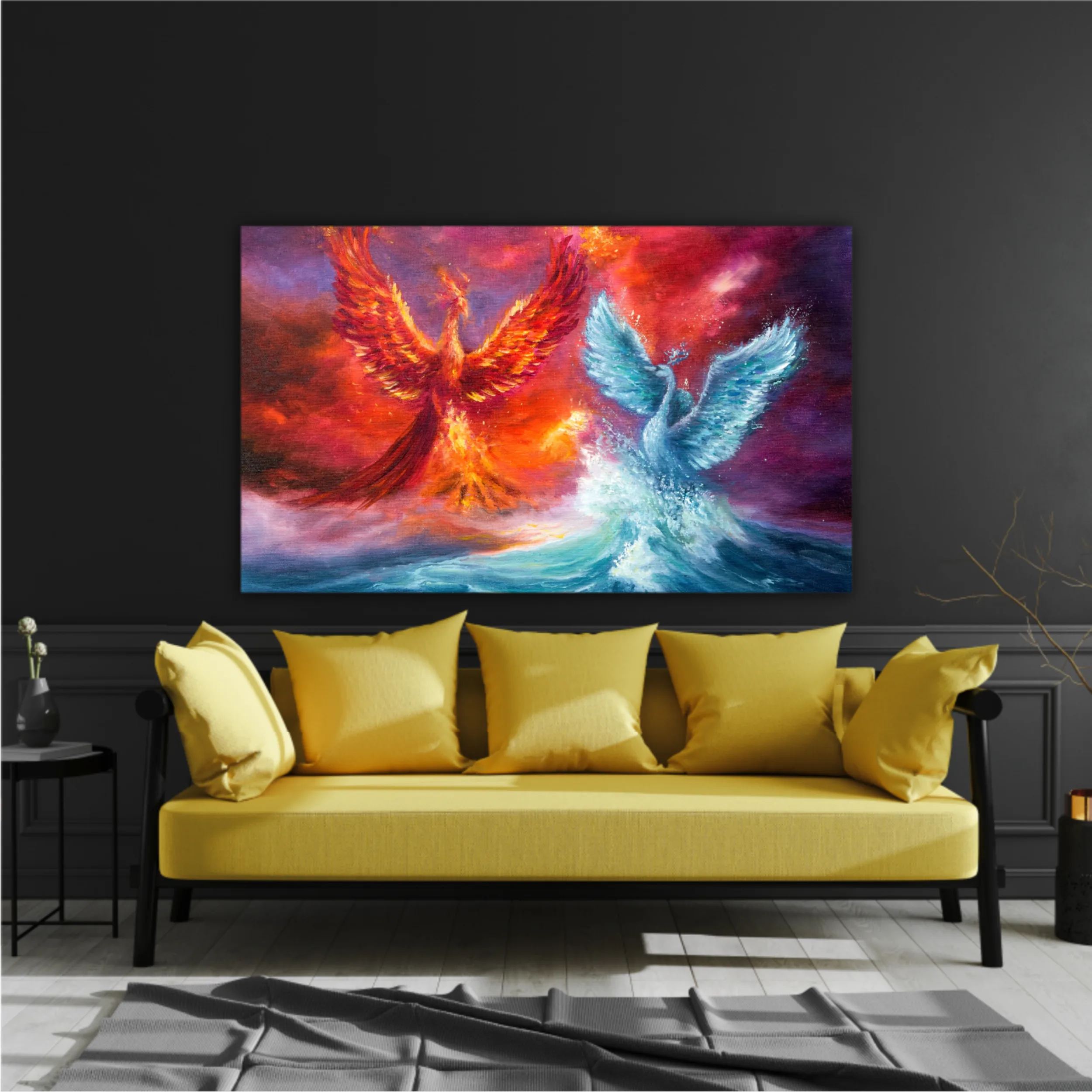  phoenix and spiritual swan from waves in ocean. Golden sunset. Modern Impressionism, modernism, marinism