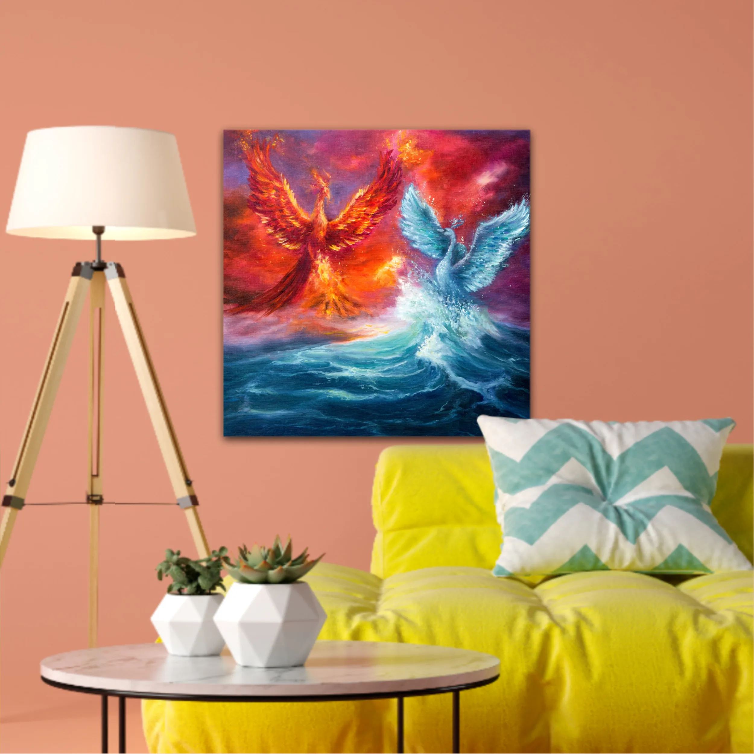  phoenix and spiritual swan from waves in ocean. Golden sunset. Modern Impressionism, modernism, marinism