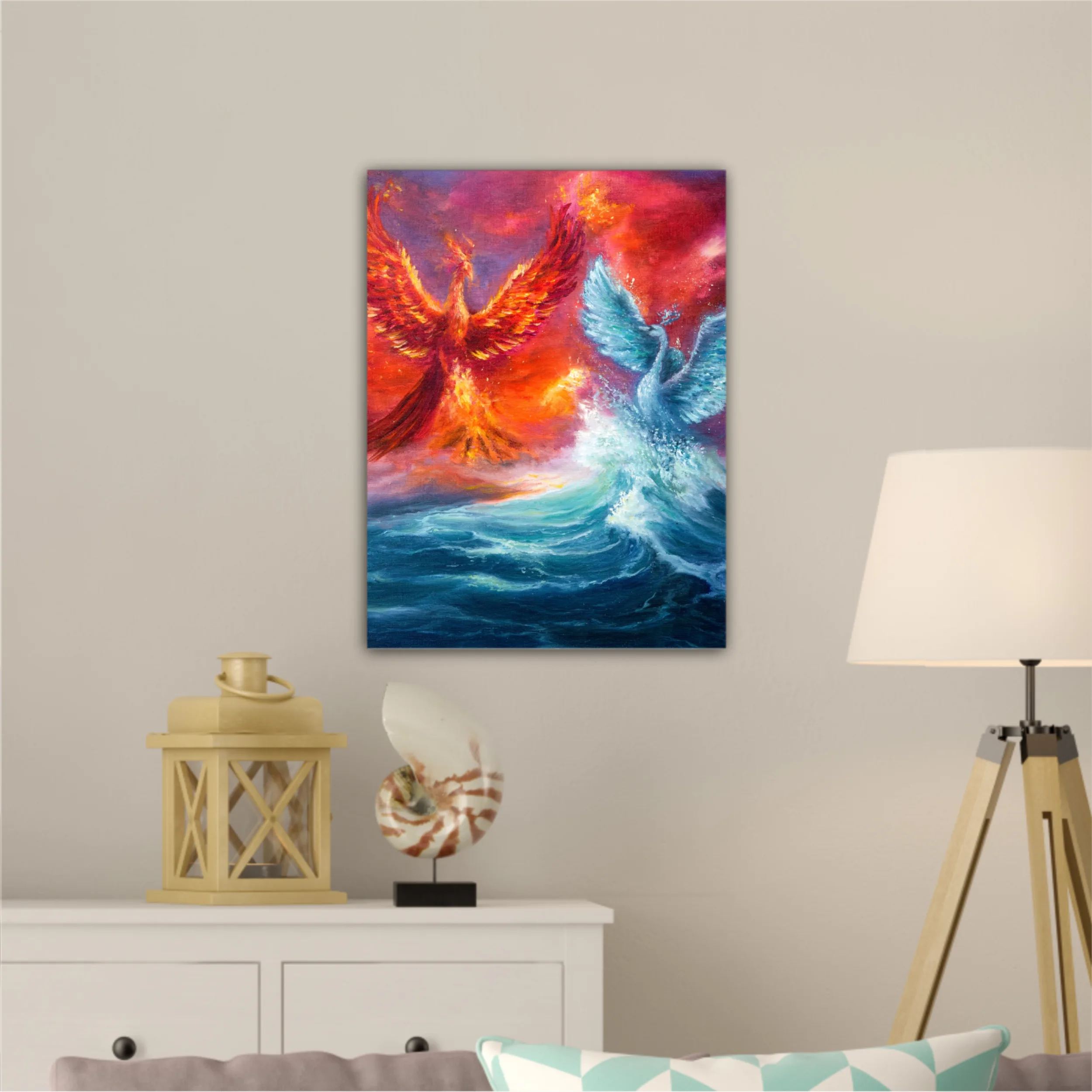  phoenix and spiritual swan from waves in ocean. Golden sunset. Modern Impressionism, modernism, marinism