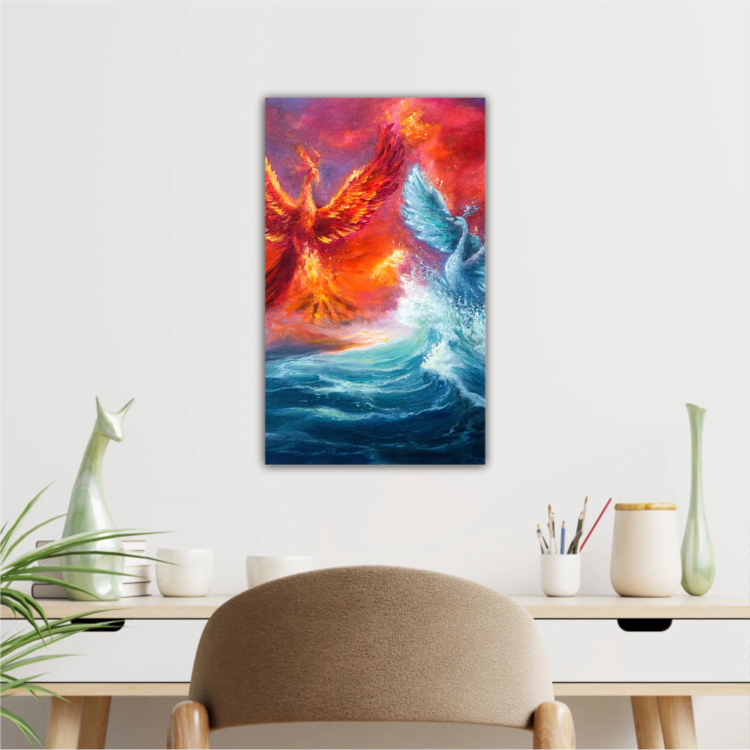  phoenix and spiritual swan from waves in ocean. Golden sunset. Modern Impressionism, modernism, marinism