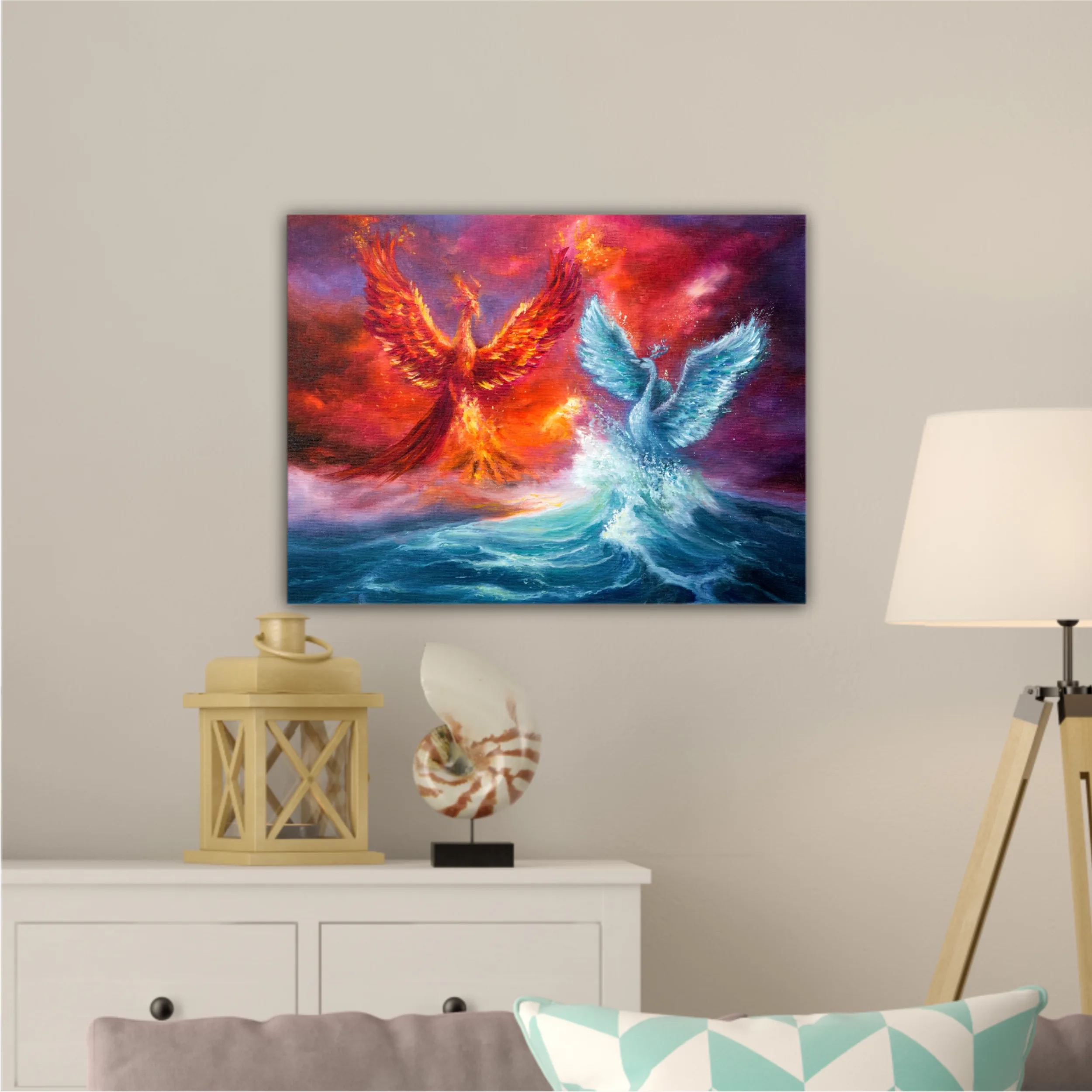  phoenix and spiritual swan from waves in ocean. Golden sunset. Modern Impressionism, modernism, marinism