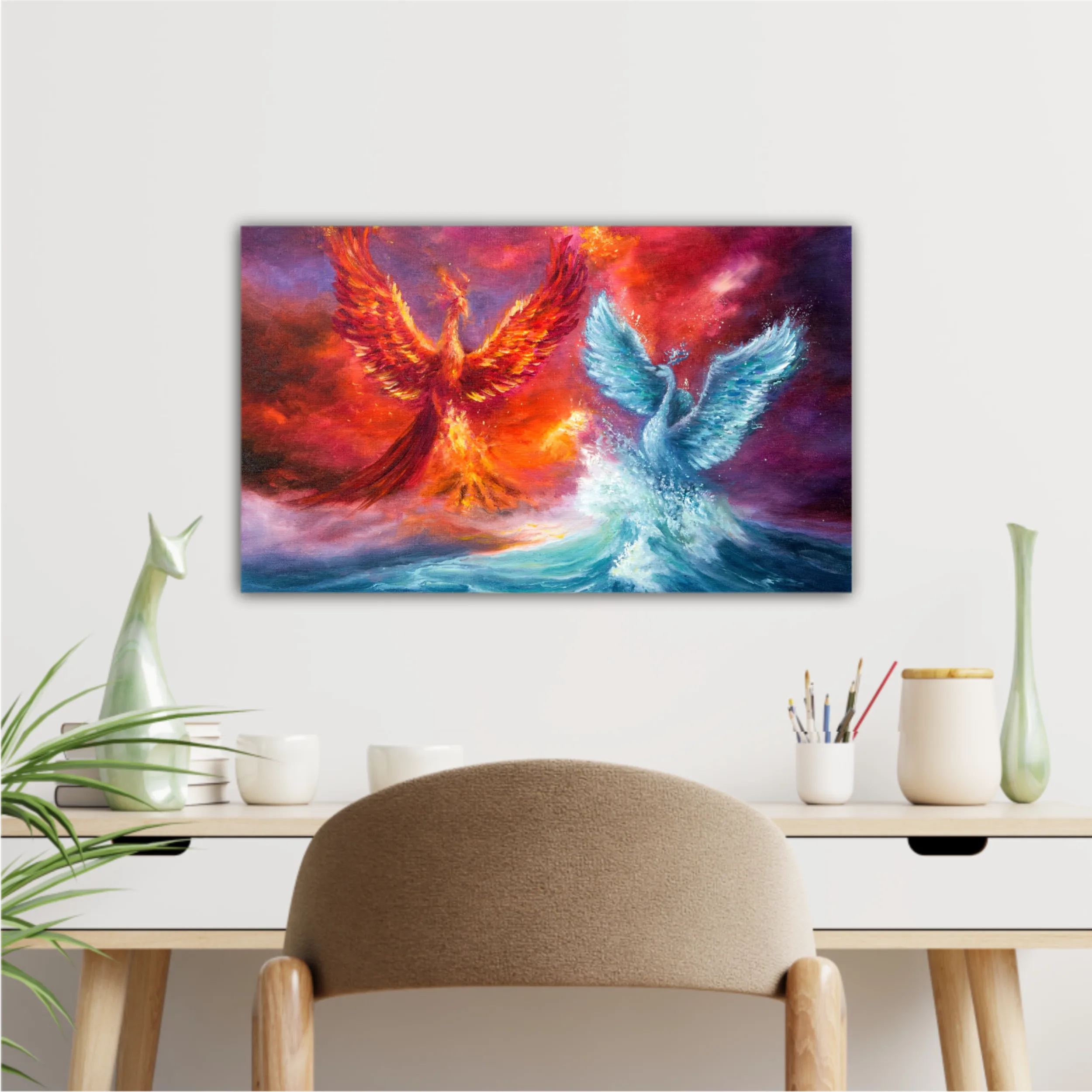  phoenix and spiritual swan from waves in ocean. Golden sunset. Modern Impressionism, modernism, marinism