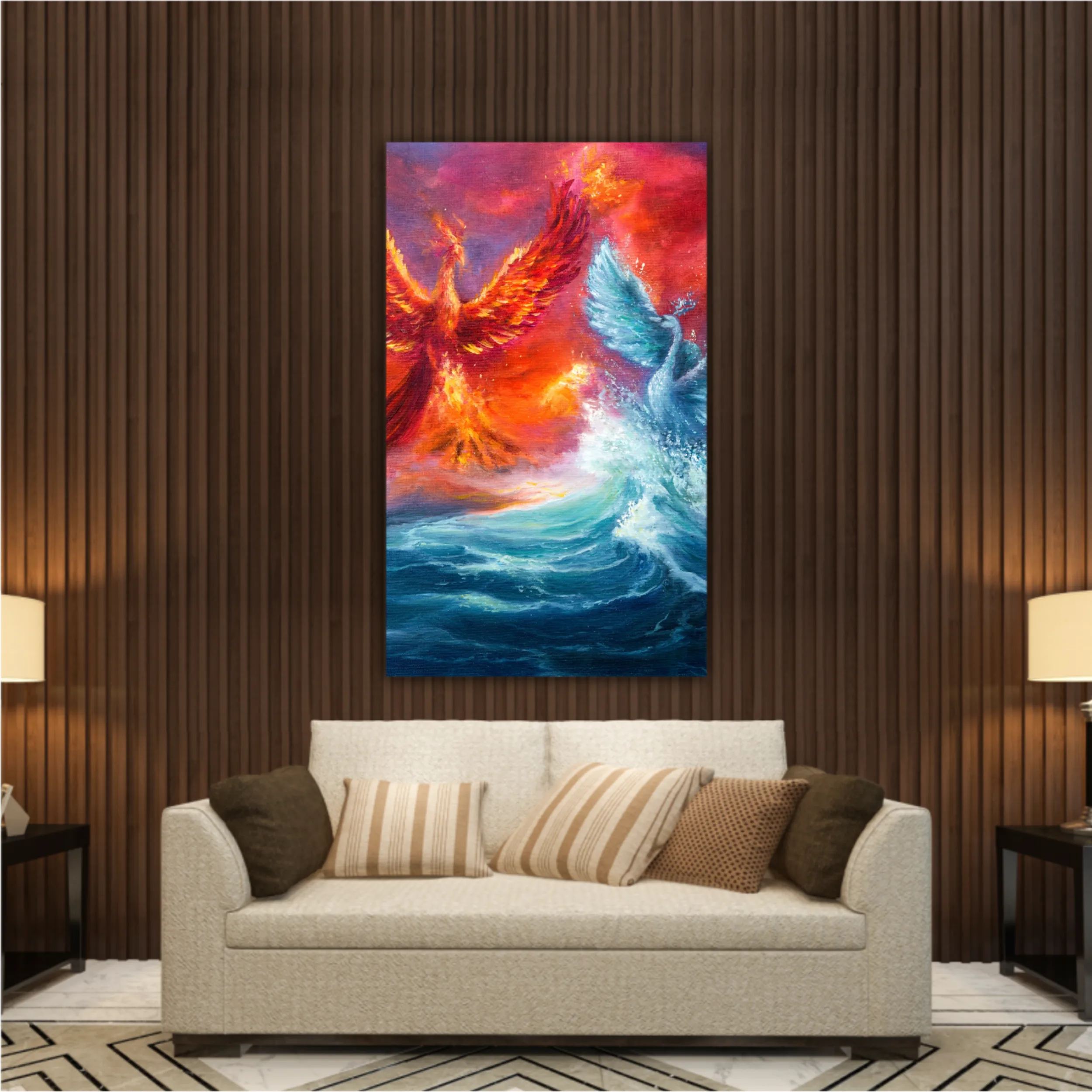  phoenix and spiritual swan from waves in ocean. Golden sunset. Modern Impressionism, modernism, marinism